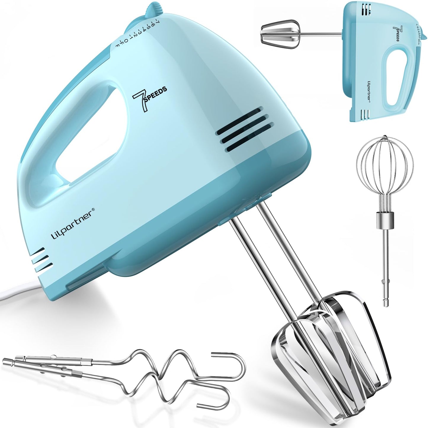 LILPARTNER Hand Mixer Electric, Ultra Power Kitchen Hand Mixer With 7-Speed & 5 Stainless Steel Accessories for Whipping Dough, Cream, Cake, Dishwasher Safe, Pink