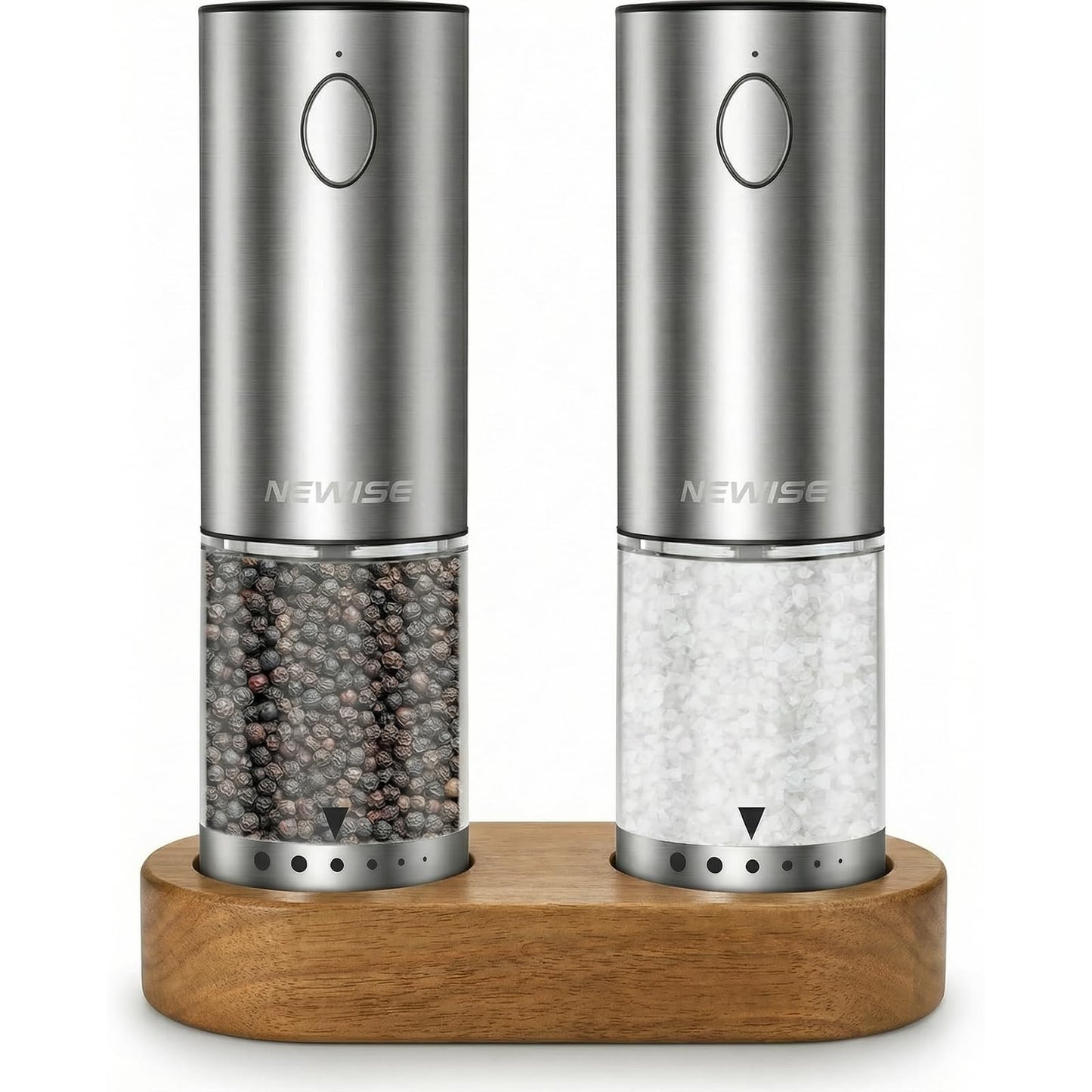 Newise Electric Salt and Pepper Grinder Set, Rechargeable Salt and Pepper Shakers with Wood Base, Adjustable Coarseness, Large Capacity, Stainless Steel