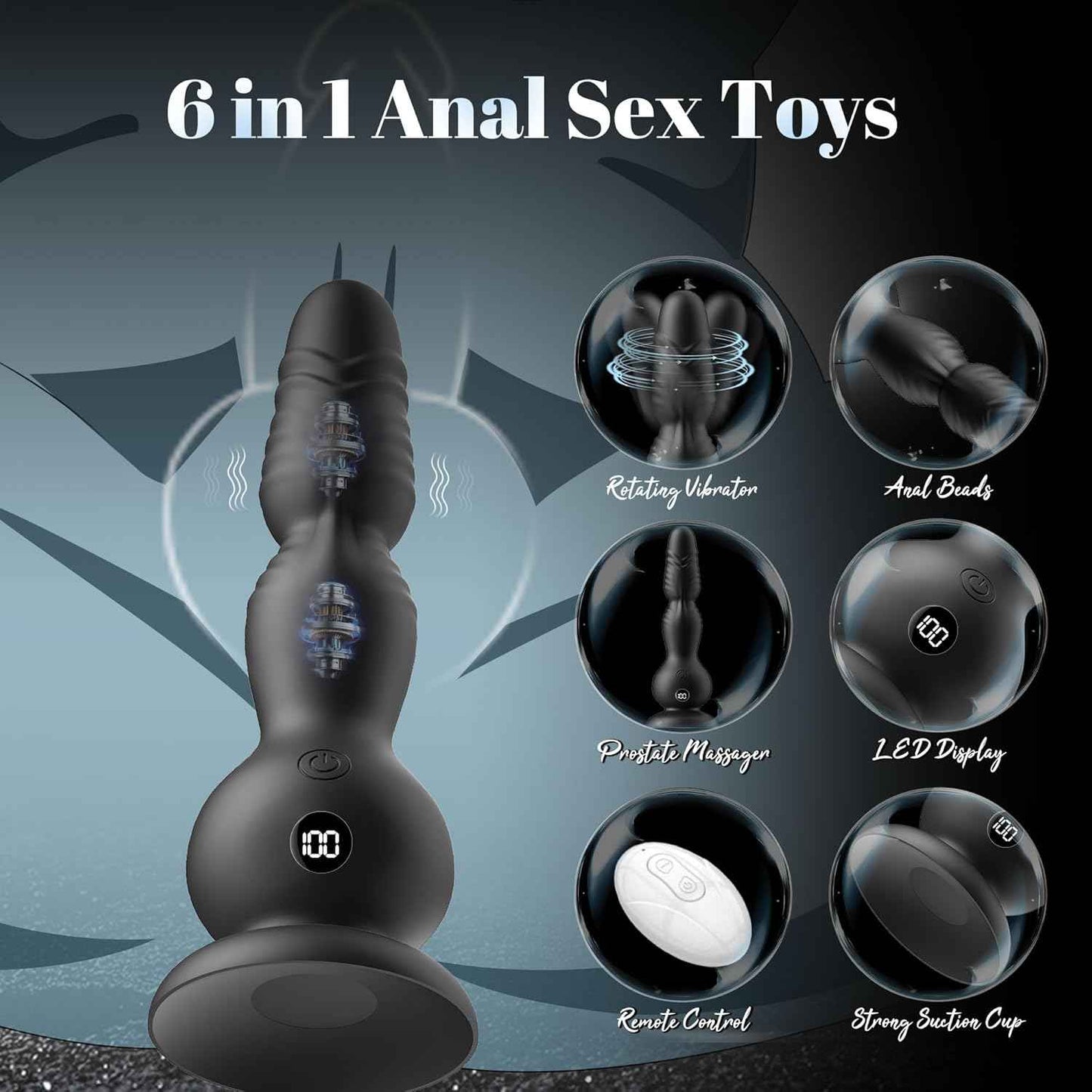 360°Rotation Anal Vibrators Prostate Massager, 10 Modes Rotating Vibrating Anal Beads LED Display Butt Plug with Remote Control, Strap-on Anal Sex Toys with Strong Suction Cup Adult Toys for Men