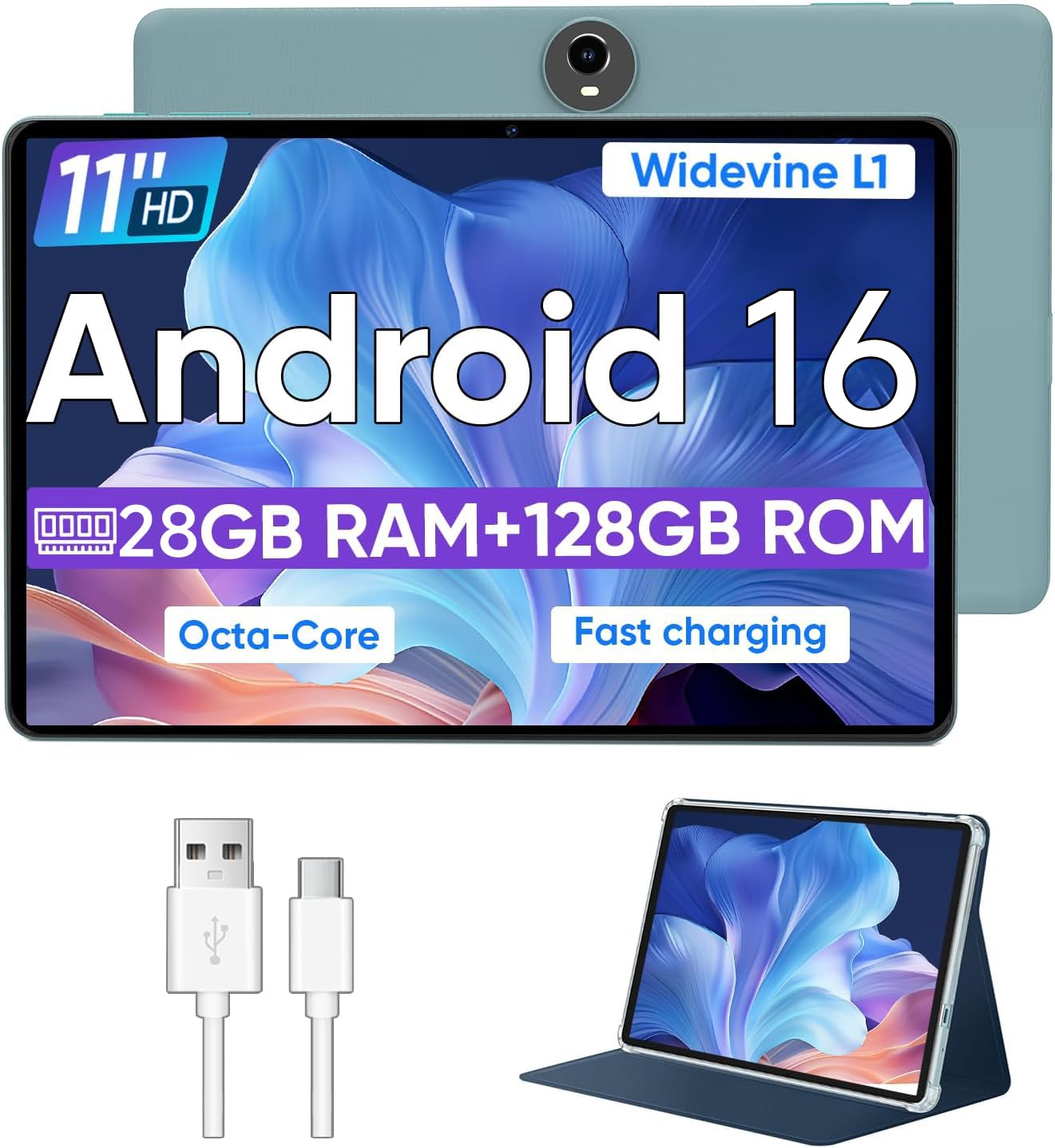 WXUNJA Android 16 Tablet,11 Inch Tablets with Octa Core Processor, 28GB RAM 128GB ROM 1TB Expand, Widevine L1, 8000mAh Battery, 2.4/5Ghz Dual WiFi/GPS/FM, 5/8MP Cameras, Case Included
