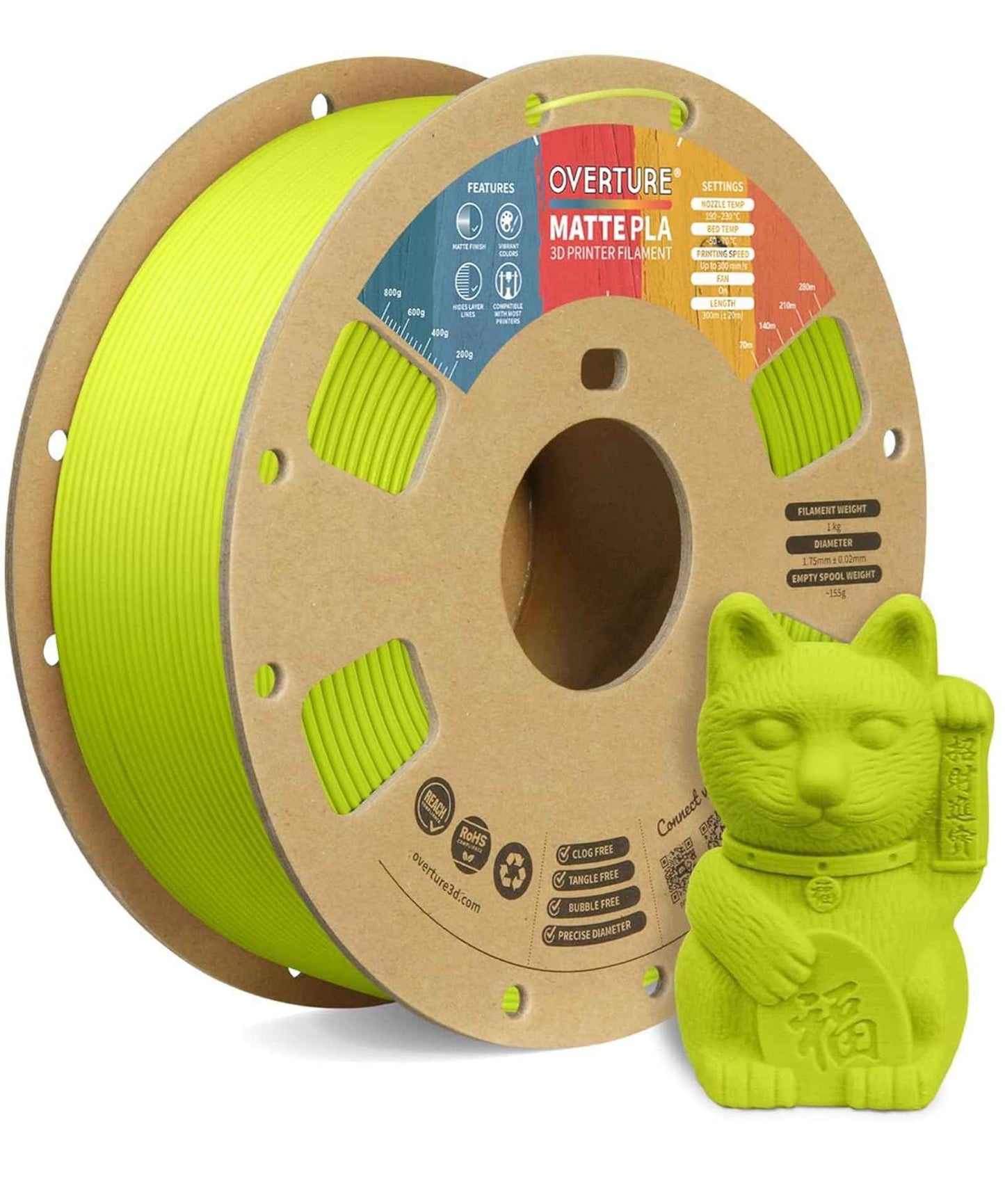 OVERTURE Matte PLA 3D Printer Filament 1.75mm, Matt Surface & Low Warping Filament 1kg Spool (2.2 lbs), Accuracy +/- 0.02 mm, Fit Most FDM Printers