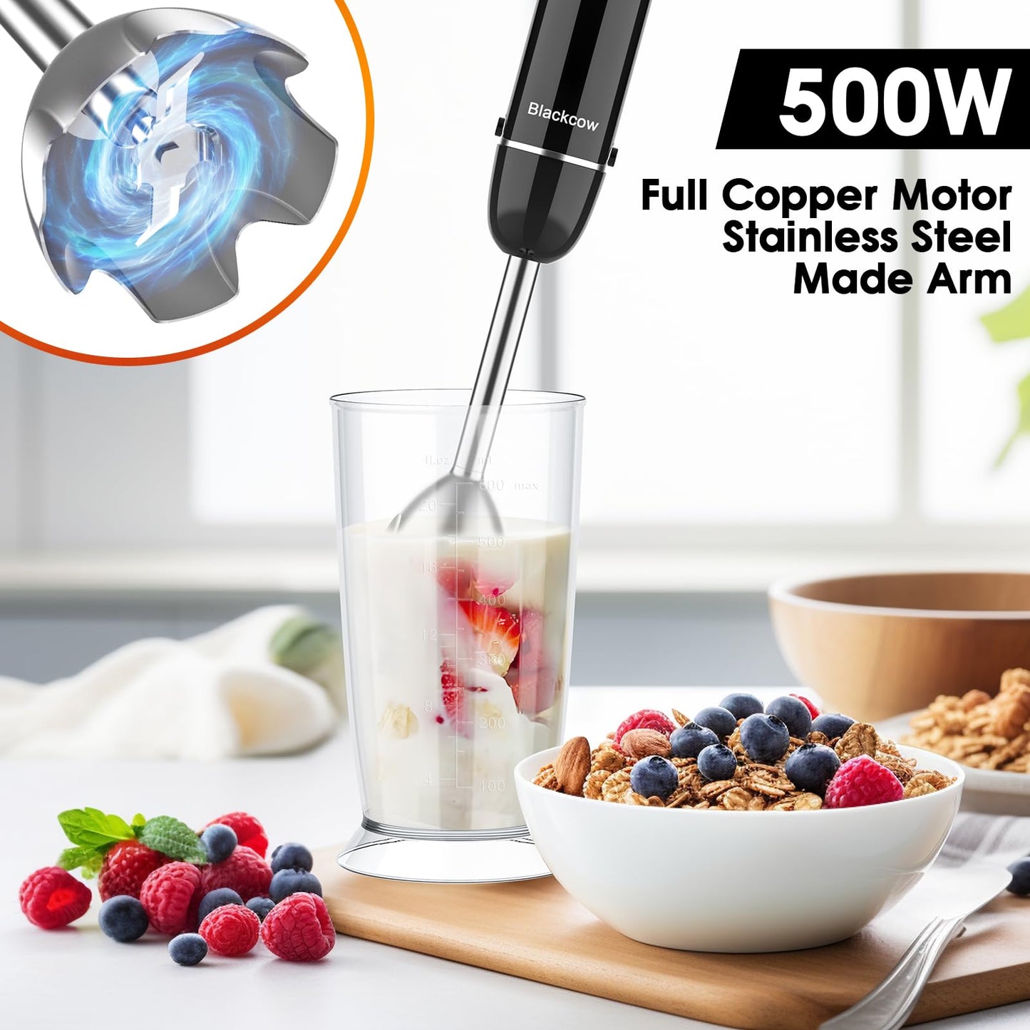Blackcow Immersion Blender Handheld, Powerful Electric Hand Blender with Titanium Alloy Blades, Variety Speeds & Turbo, Electric Hand Mixer for Smoothies, Soups, Baby Food and Purees