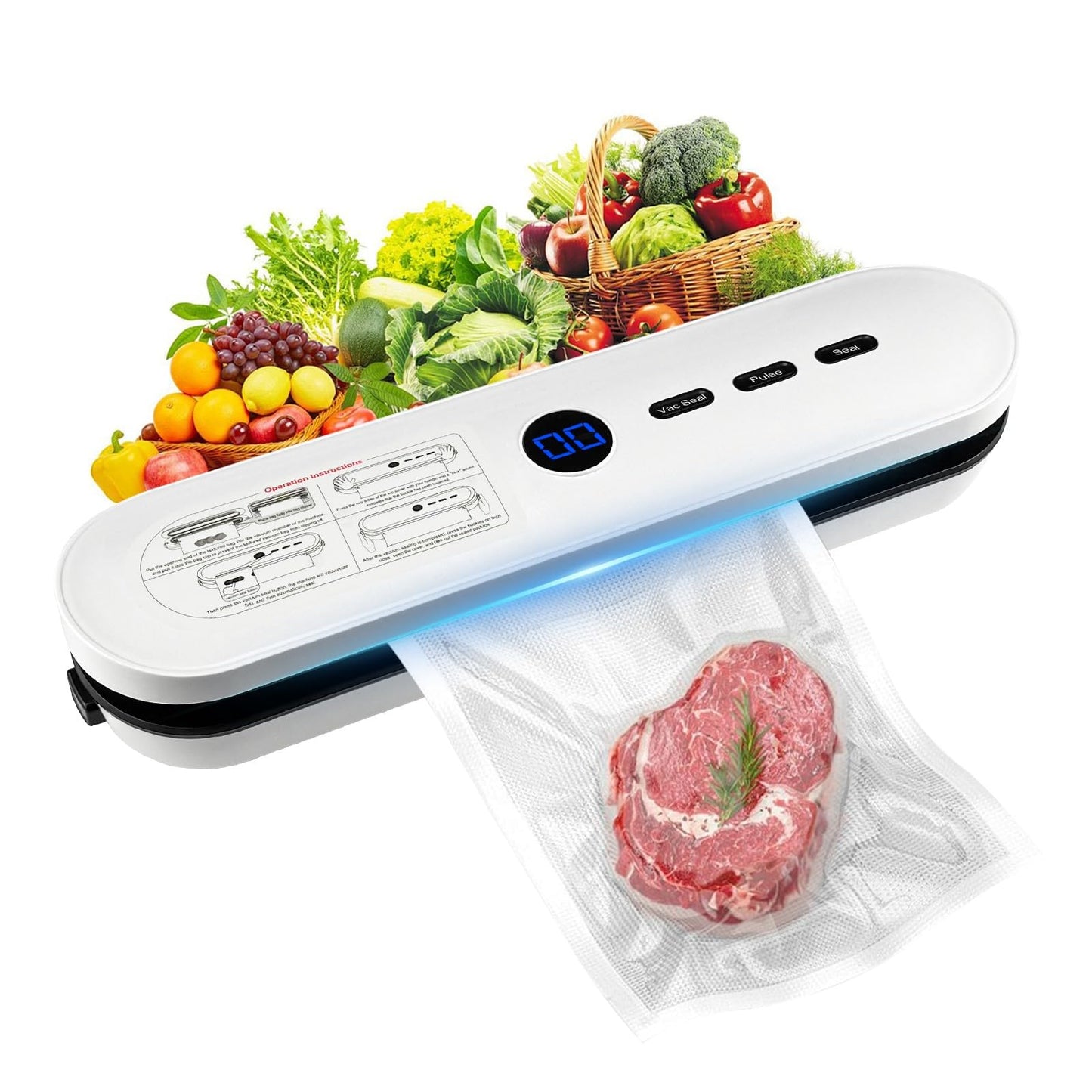 65KPa Automatic Food Vacuum Sealer,Small household vacuum sealer,food sealer,Digital Timer, Compact Design,with 10 Bags (white)