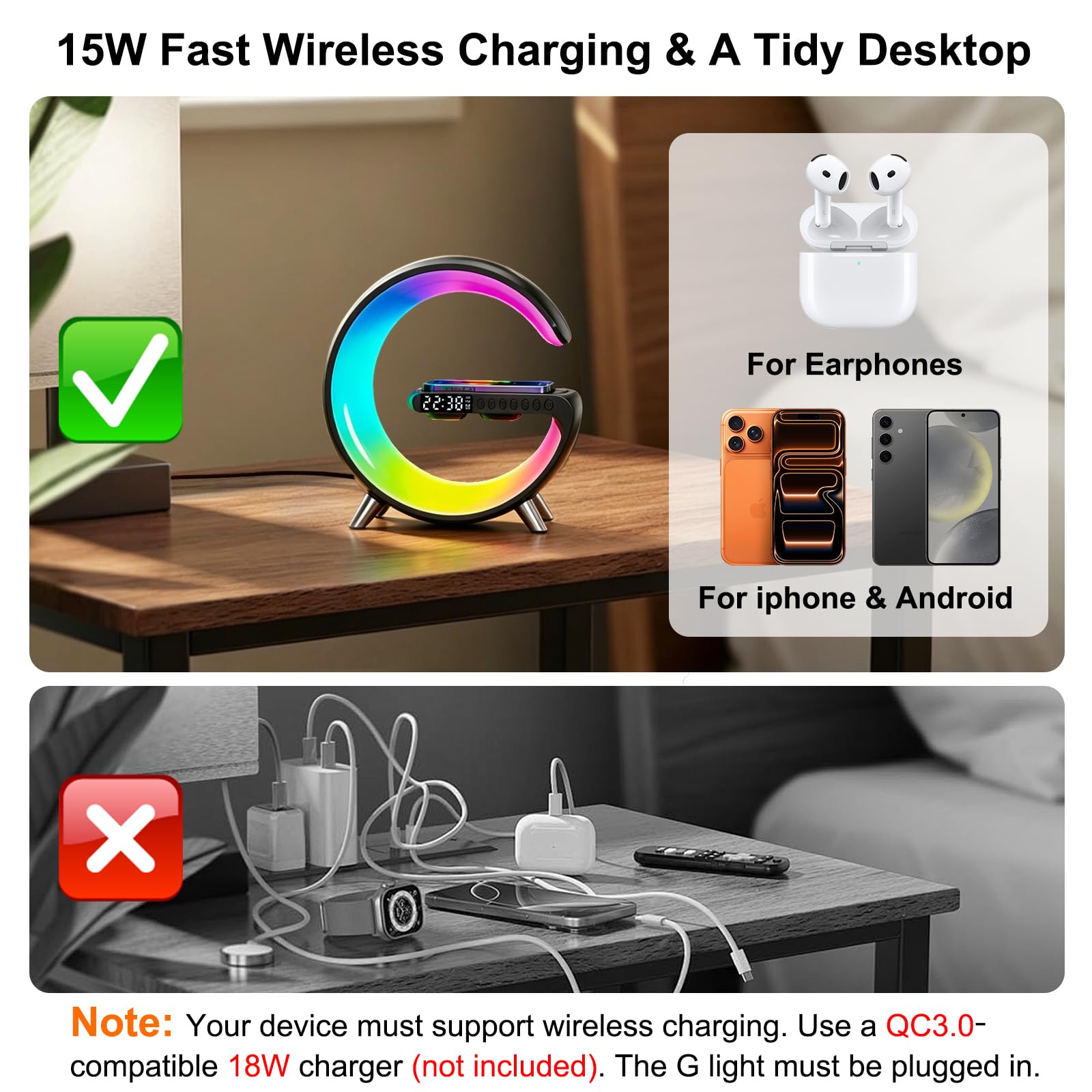 WEKEFON Smart LED Alarm Clock, Wireless Charger with Portable Small Speaker,Wireless Atmosphere Lamp,Multifunctional RGB Night Light & Charging Station,App Control