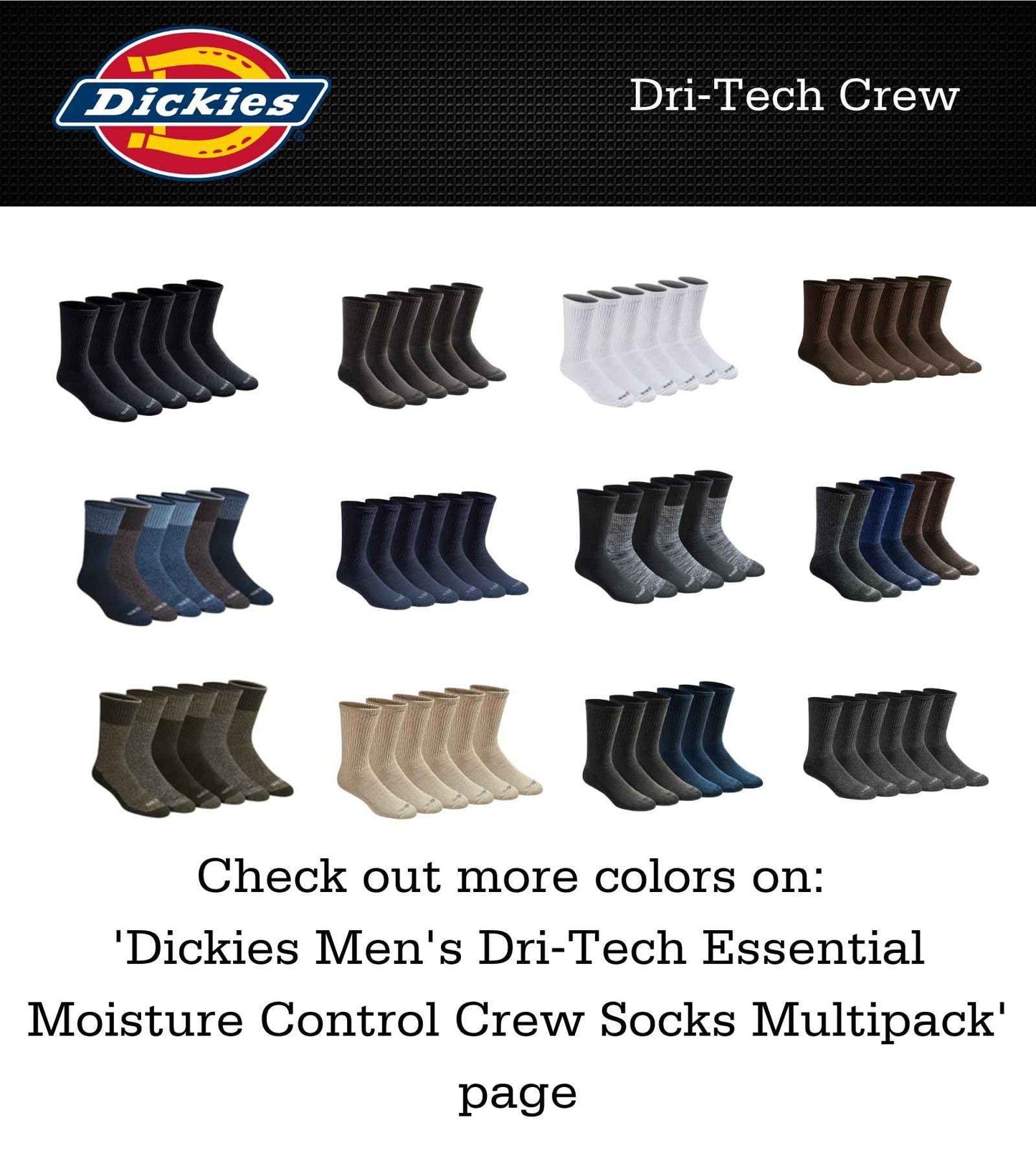 Dickies Men's Dri-Tech Essential Moisture Control Crew Socks, Available in M-XXL (6, 12 Pairs)
