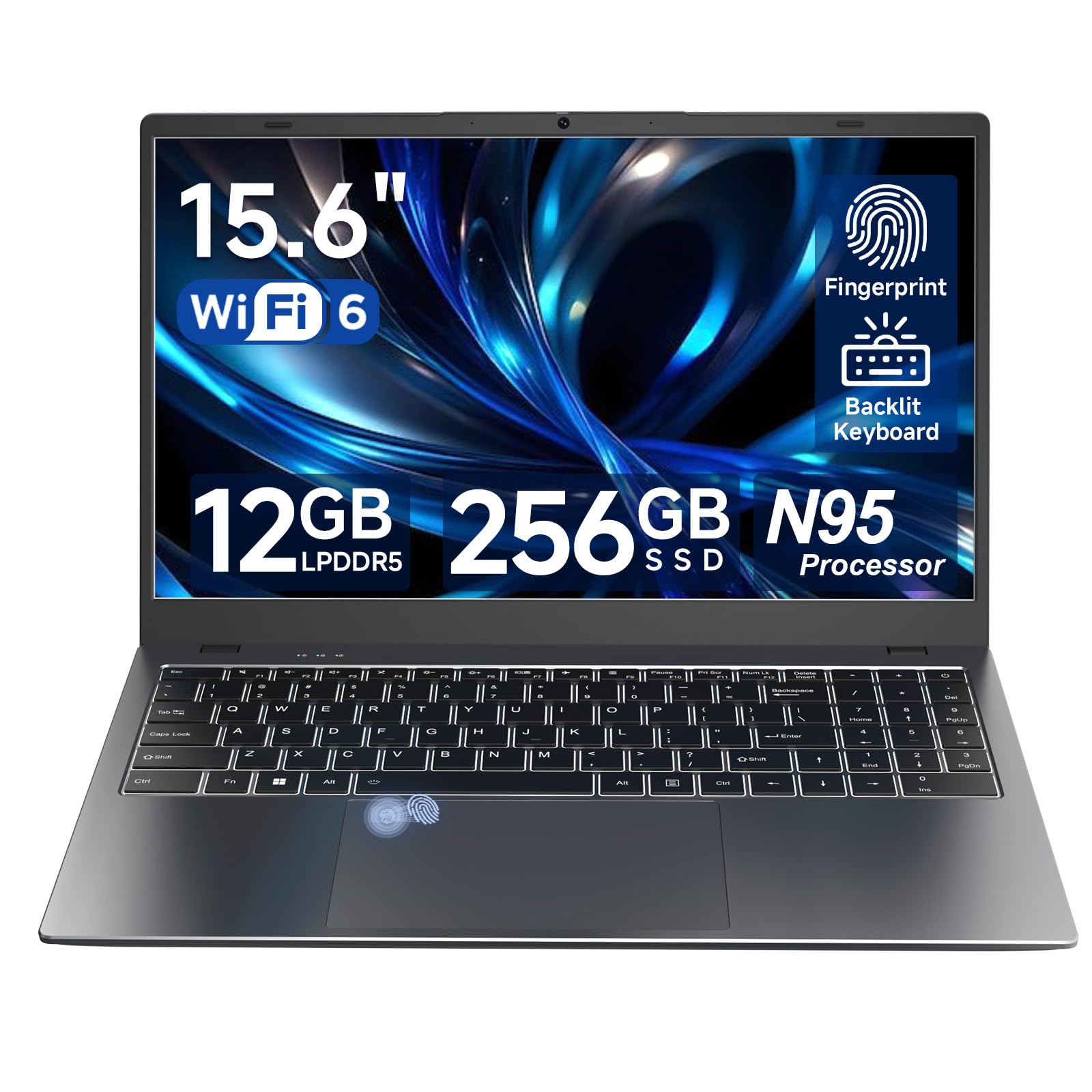 ZENSAUN 15.6" Laptop, 12GB LPDDR5 RAM, 256GB SSD, Laptop Computer with N95 Quad Core(Beats N5095,6500Y), FHD IPS Display, WiFi 6, USB C, Fingerprint, Backlit Keyboard, Slim Business Student Laptops