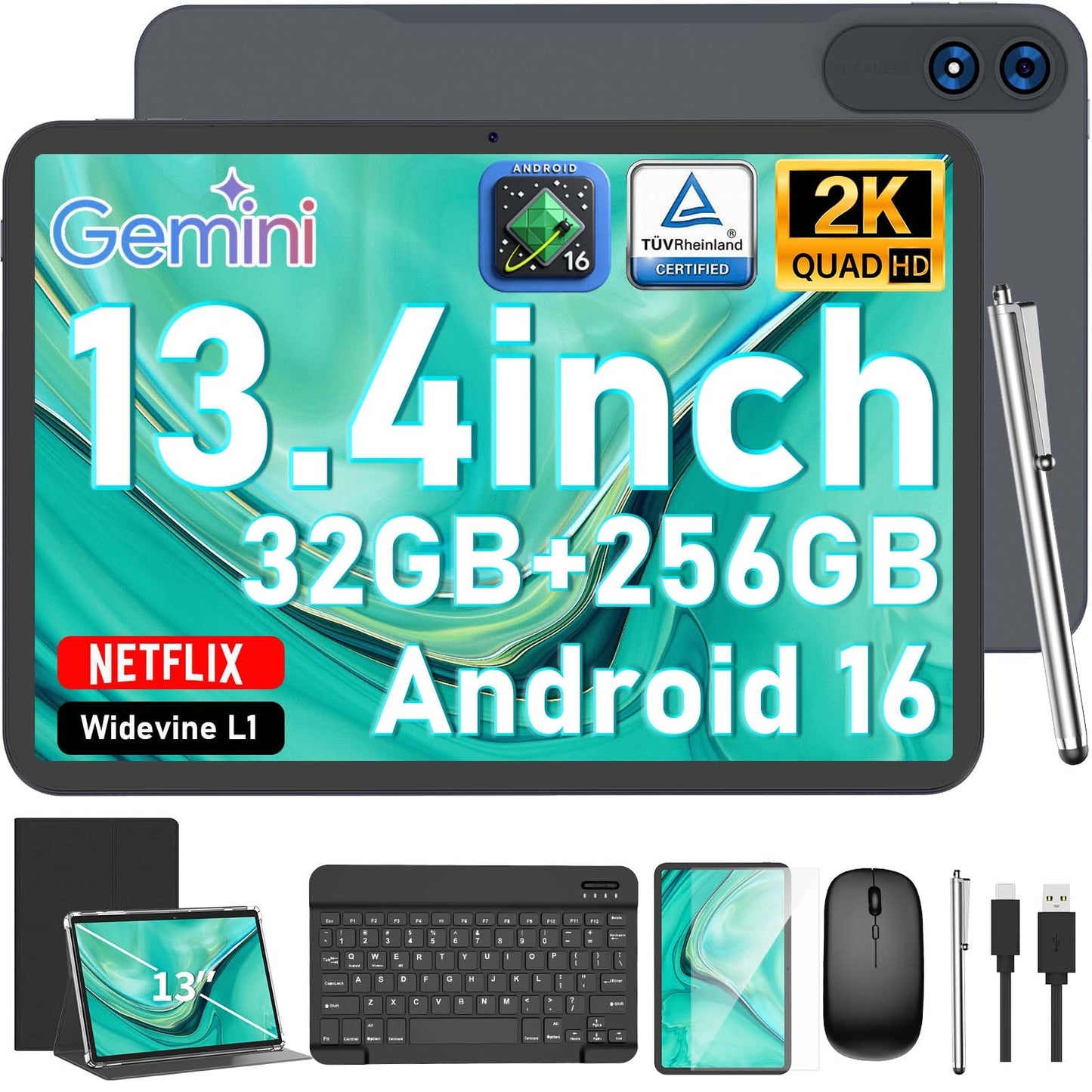 JJGJ 13 Inch Tablet, Android 16 Tablet with Keyboard, 32GB+256GB+2TB Expand, 120Hz 1920x1200 IPS Display, Gemini AI, 10000mAh, 8-Core, Wi-Fi, GPS, Large Screen 2K Tablet PC with Case, Mouse, Stylus