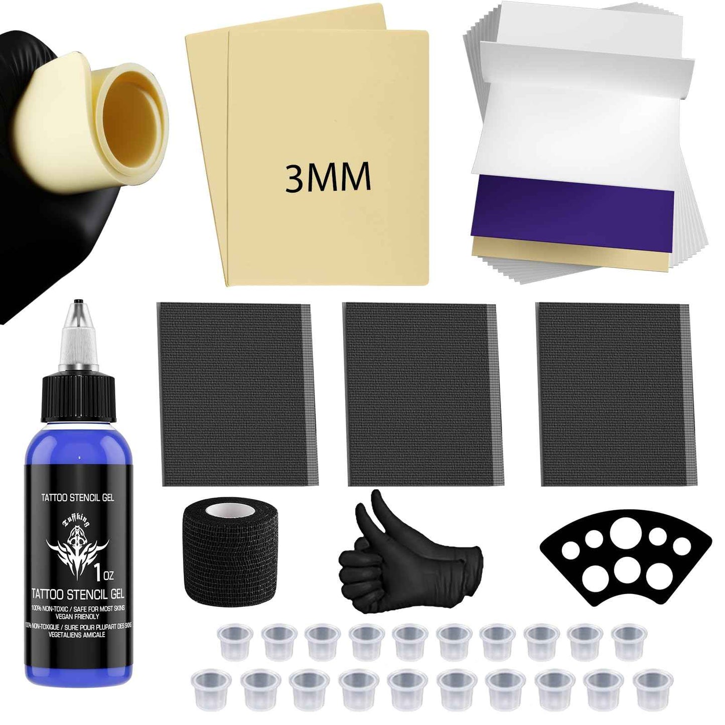 Tattoo Skin Practice Kit, Starter Tattoo Practice Kits with 2Pcs 3mm Fake Skins for Tattooing, 5Pcs Transfer Stencil Paper for Beginners Tattoo Practice Supplies