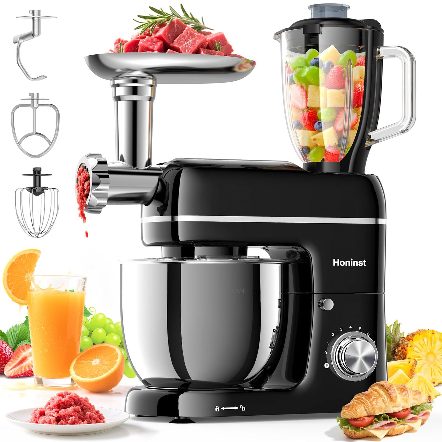 Honinst 7-IN-1 Multifunctional Stand Mixer, 6.5 QT 8-Speed Tilt-Head Kitchen Mixer, Electric Food Mixer with Meat Grinder, Juice Blender, Dough Hook, Beater, Whisk, Bowl for Most Home Cooks