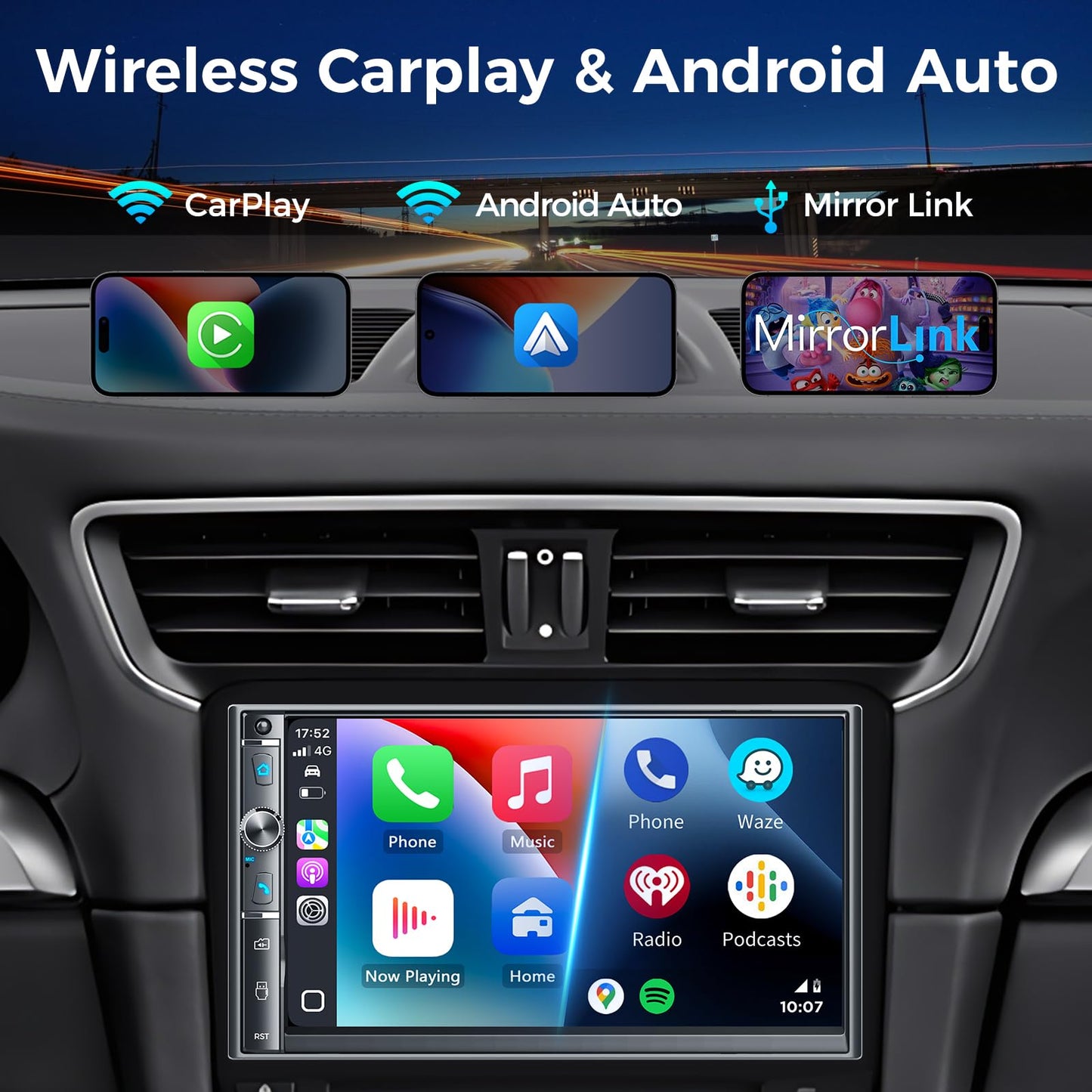 Kissound 7" Double Din Car Stereo with Wireless Apple Carplay & Android Auto, 240W, SWC, Subwoofer Out, Bluetooth, Mirror Link, USB-C/AUX/TF,FM/AM，Car Radio Receiver