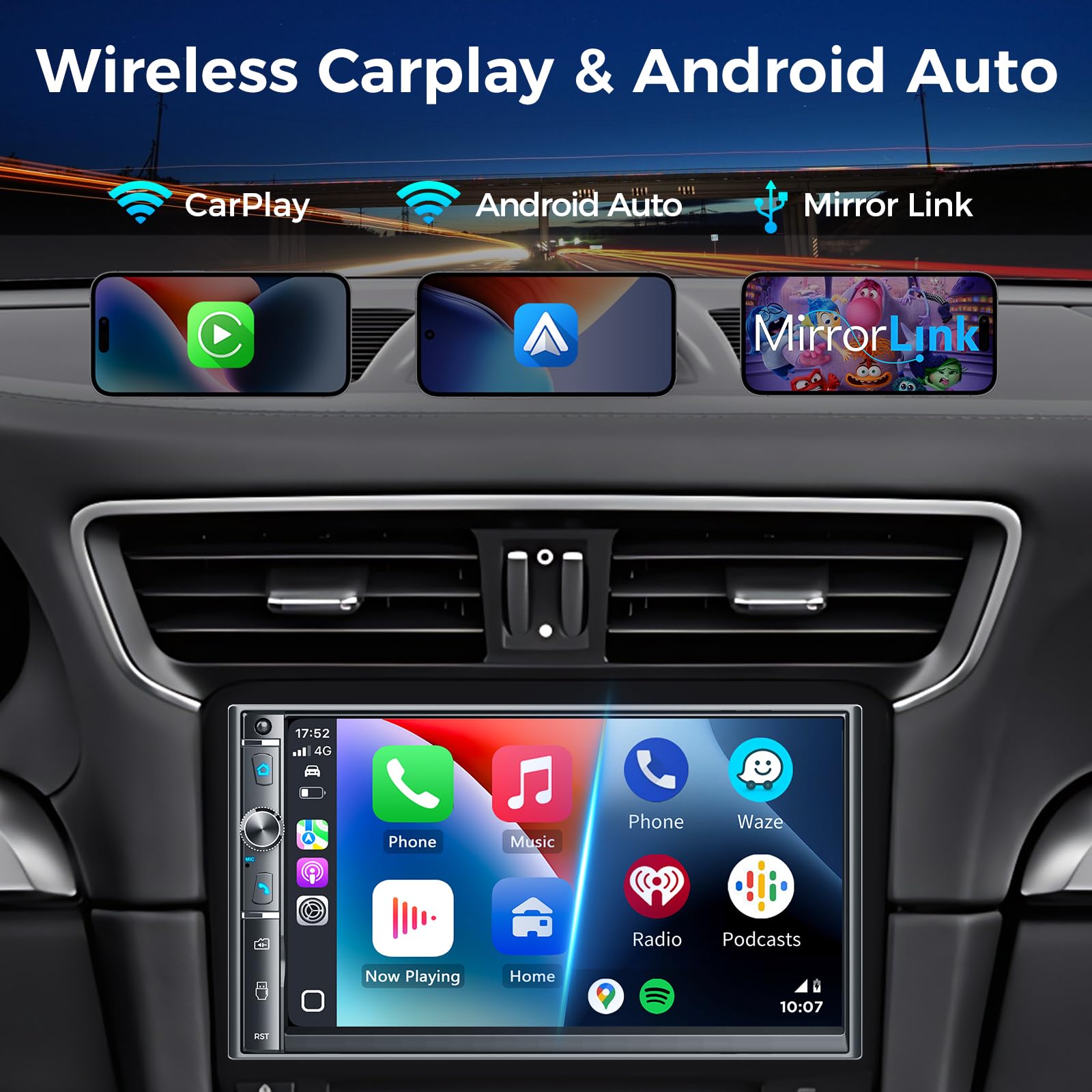 Kissound 7" Double Din Car Stereo with Wireless Apple Carplay & Android Auto, 240W, SWC, Subwoofer Out, Bluetooth, Mirror Link, USB-C/AUX/TF,FM/AM，Car Radio Receiver