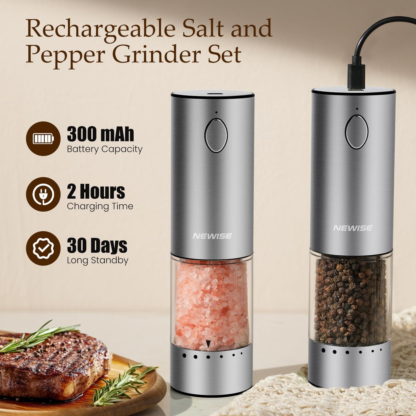 Newise Electric Salt and Pepper Grinder Set, Rechargeable Salt and Pepper Shakers with Wood Base, Adjustable Coarseness, Large Capacity, Stainless Steel
