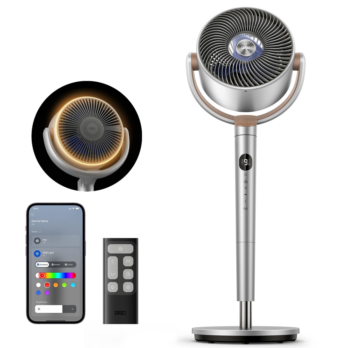 Dreo Smart Fan for Bedroom, 120° +120° Omni-Directional Oscillating Fans, 90ft Quiet Pedestal Fan with RGB Light, 9 Speeds, 6 Modes, 20dB, 8H Timer, Wi-Fi/Voice/Alexa, 37-42" Floor Fans with Remote