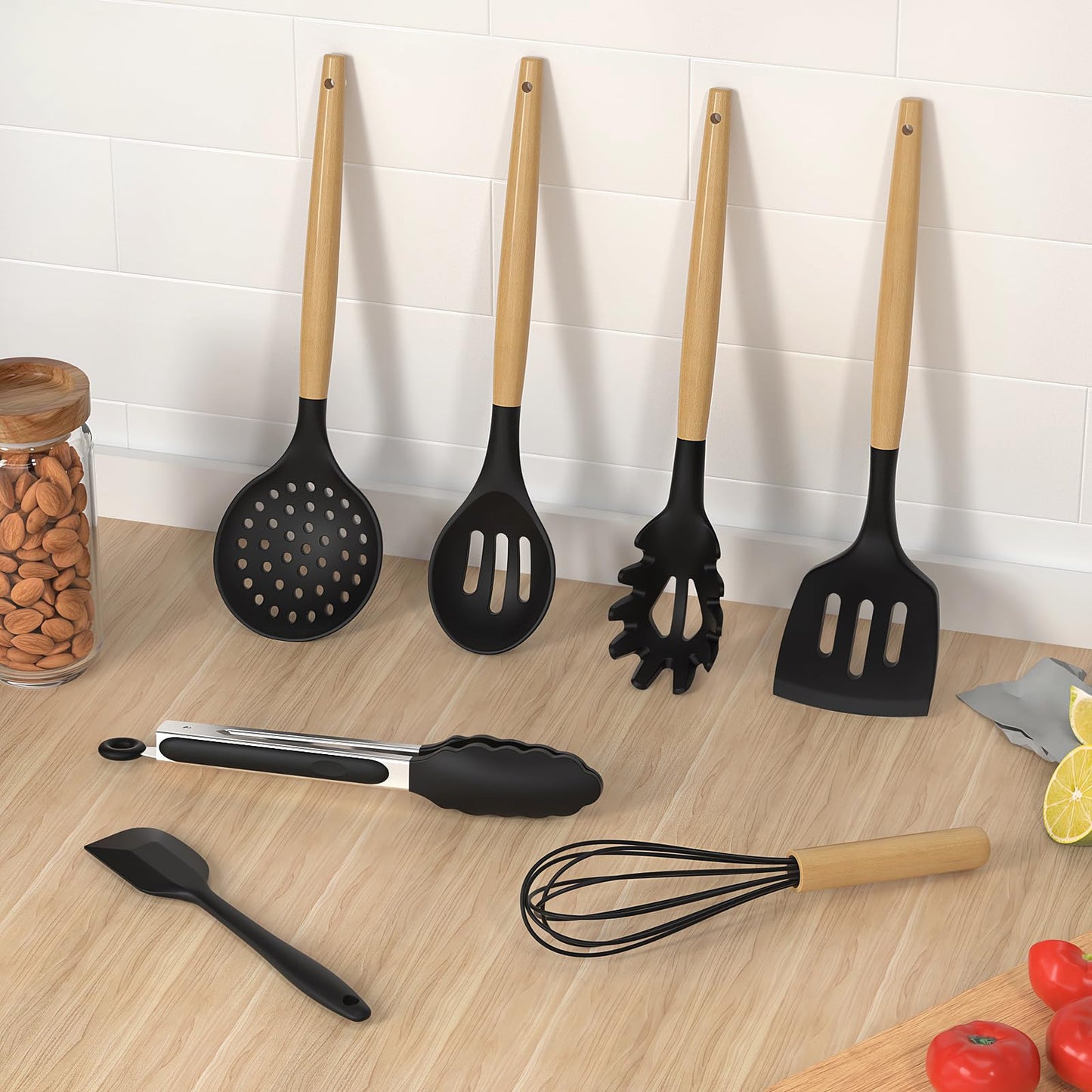 14 Pcs Silicone Cooking Utensils Kitchen Utensil Set - 446°F Heat Resistant,Turner Tongs, Spatula, Spoon, Brush, Whisk, Wooden Handle Gray Kitchen Gadgets with Holder for Nonstick Cookware (BPA Free)