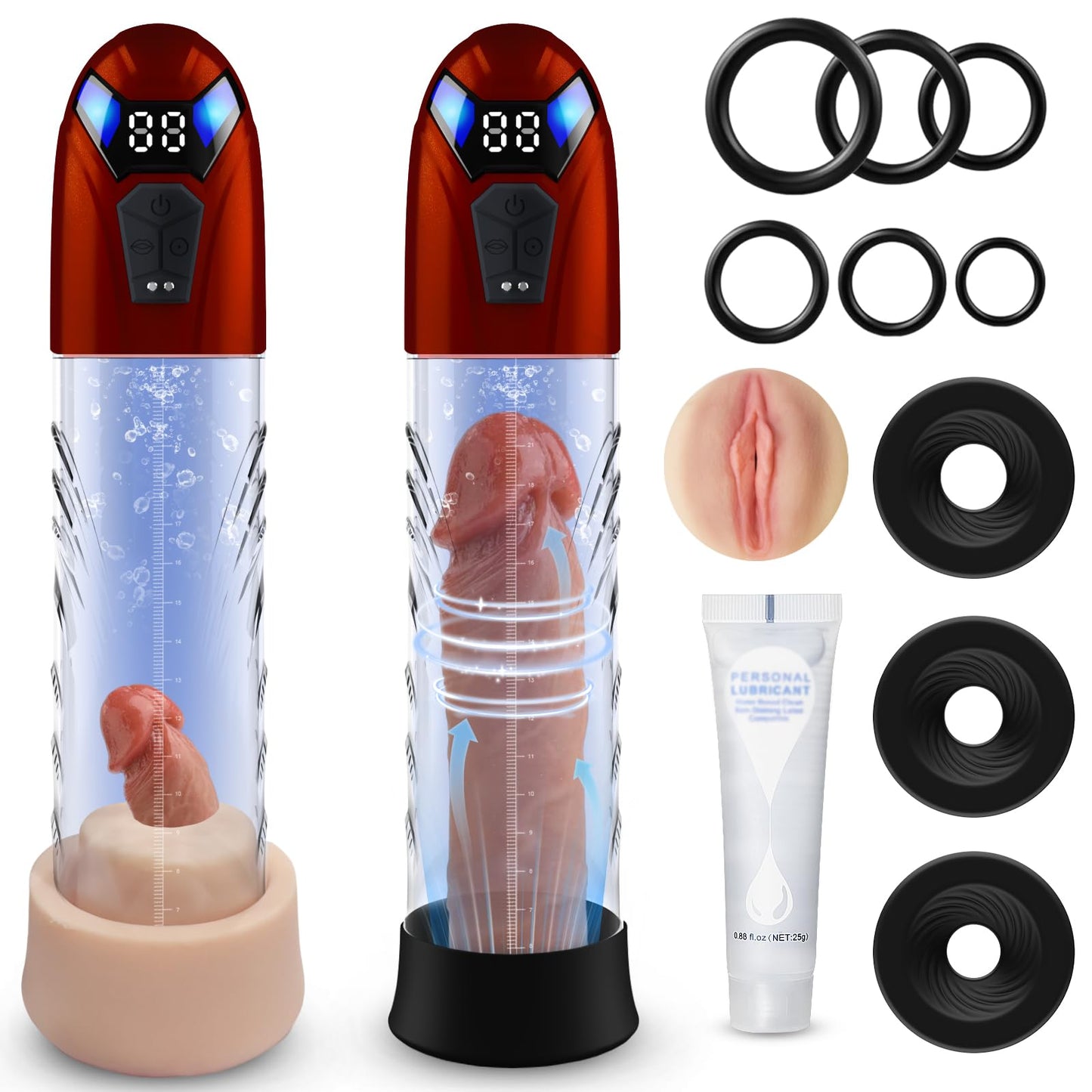 Penis Pump Automatic Electric Enlarger & Male Masturbator with 10 Erection Training Modes Adult Sex Toys for Men Dick Enlarger Male Penis Pump with Mini Pocket Pussy & 6 Cock Rings(Red)