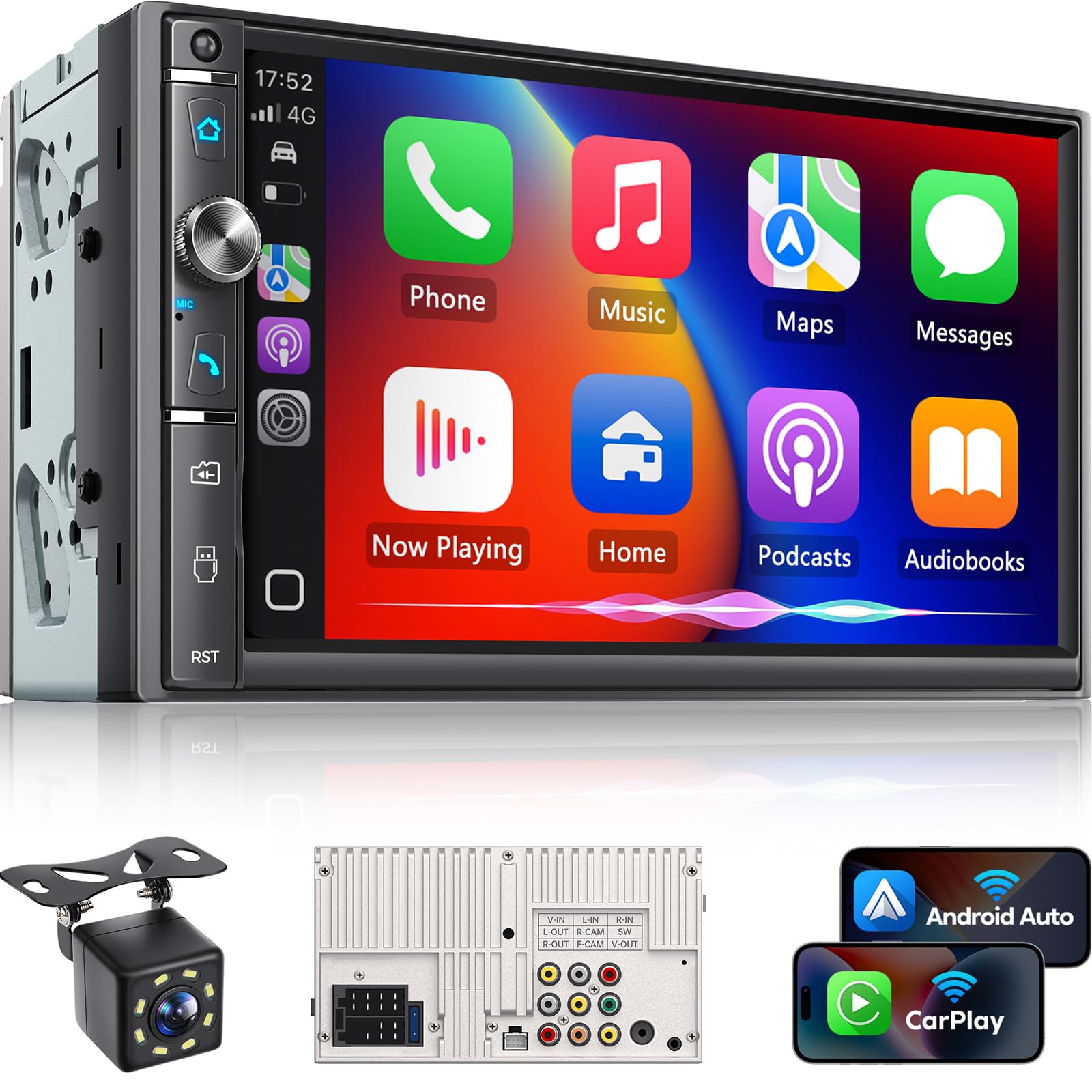 Kissound 7" Double Din Car Stereo with Wireless Apple Carplay & Android Auto, 240W, SWC, Subwoofer Out, Bluetooth, Mirror Link, USB-C/AUX/TF,FM/AM，Car Radio Receiver