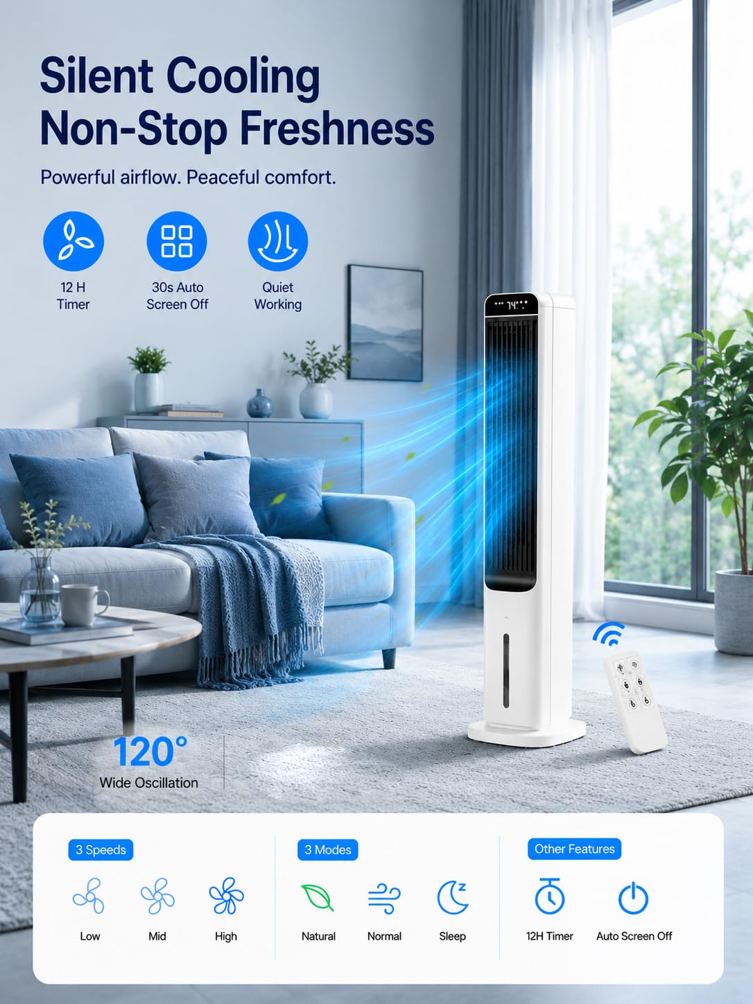 Uthfy Evaporative Air Cooler with 4 Mode, 120°Oscillation, Swamp Cooler with Remote, 12H Timer, Easy Cleaning, Portable Air Conditioner That Blow Cold Air for Bedroom, Home, Office