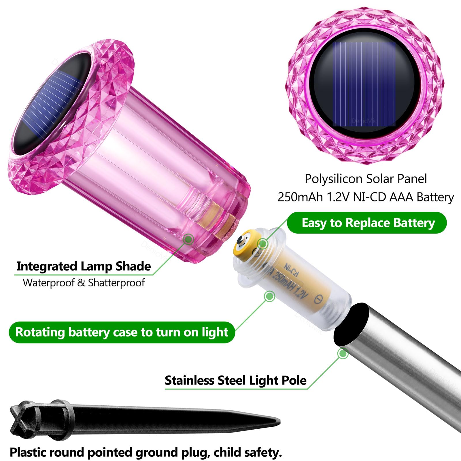DenicMic Solar Lights Outdoor Pathway Lights LED Waterproof Acrylic Lamp Head Stainless Steel Stake for Yard Garden Landscape Path Walkway Driveway Patio Lawn