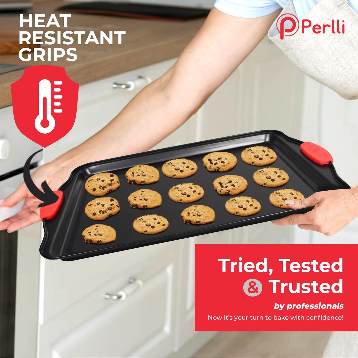 PERLLI Non-Stick Baking Pan Set, BPA-Free Carbon Steel Bakeware Set with Silicone Handles, Stackable Kitchen Oven Set, Cookie Sheet, Baking Tray, Baking Sheet Set, Oven Safe (446°F)
