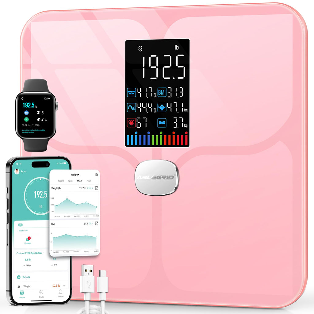 Body Fat Scale, ABLEGRID Digital Smart Bathroom Scale for Body Weight, Large LCD Display Screen, 16 Body Composition Metrics BMI, Water Weigh, Heart Rate, Baby Mode, 400lb, Rechargeable