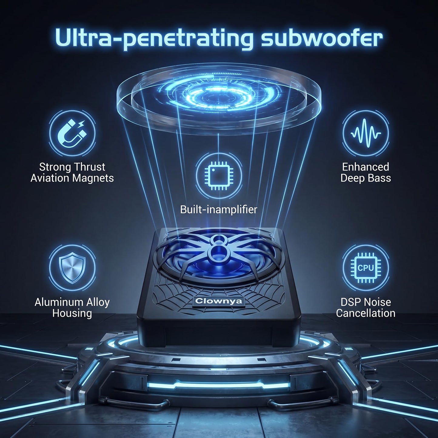 10" 1200W Slim Under-Seat Powered Car Subwoofer with Built-in Amplifier, High/Low Level Inputs, Blue LED Ambient Light, Remote Control for Gain, Bass Boost & LPF, Deep Bass for Truck/SUV/Jeep/MPV