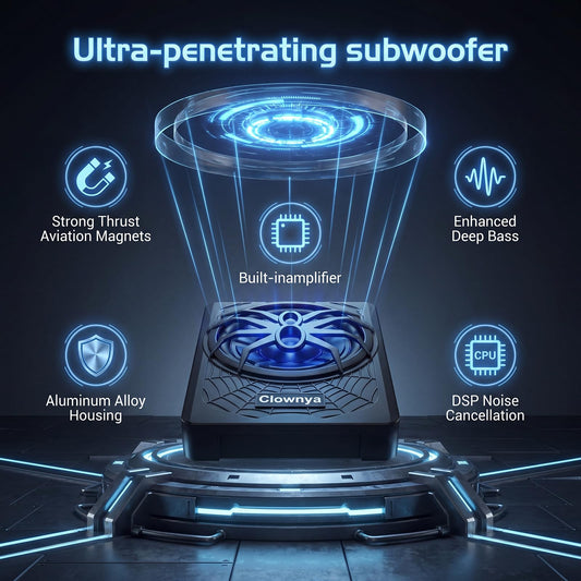 10" 1200W Slim Under-Seat Powered Car Subwoofer with Built-in Amplifier, High/Low Level Inputs, Blue LED Ambient Light, Remote Control for Gain, Bass Boost & LPF, Deep Bass for Truck/SUV/Jeep/MPV