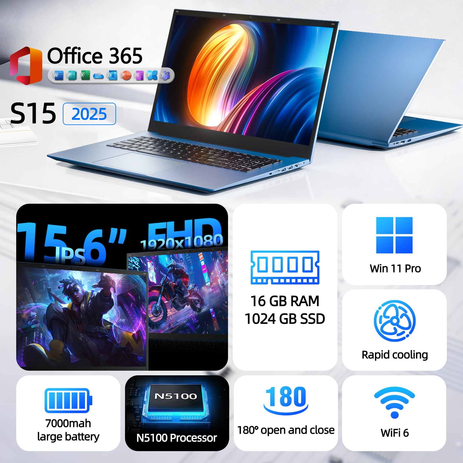 MELIUNA Laptop, 15.6 Inch Laptop Computer with Windows 11 Laptops, 16GB RAM 1024GB SSD, Celeron, Office 365, WiFi 6, IPS FHD, 180° Viewing, 53.2WH Battery, HDMI, Cooling Fan