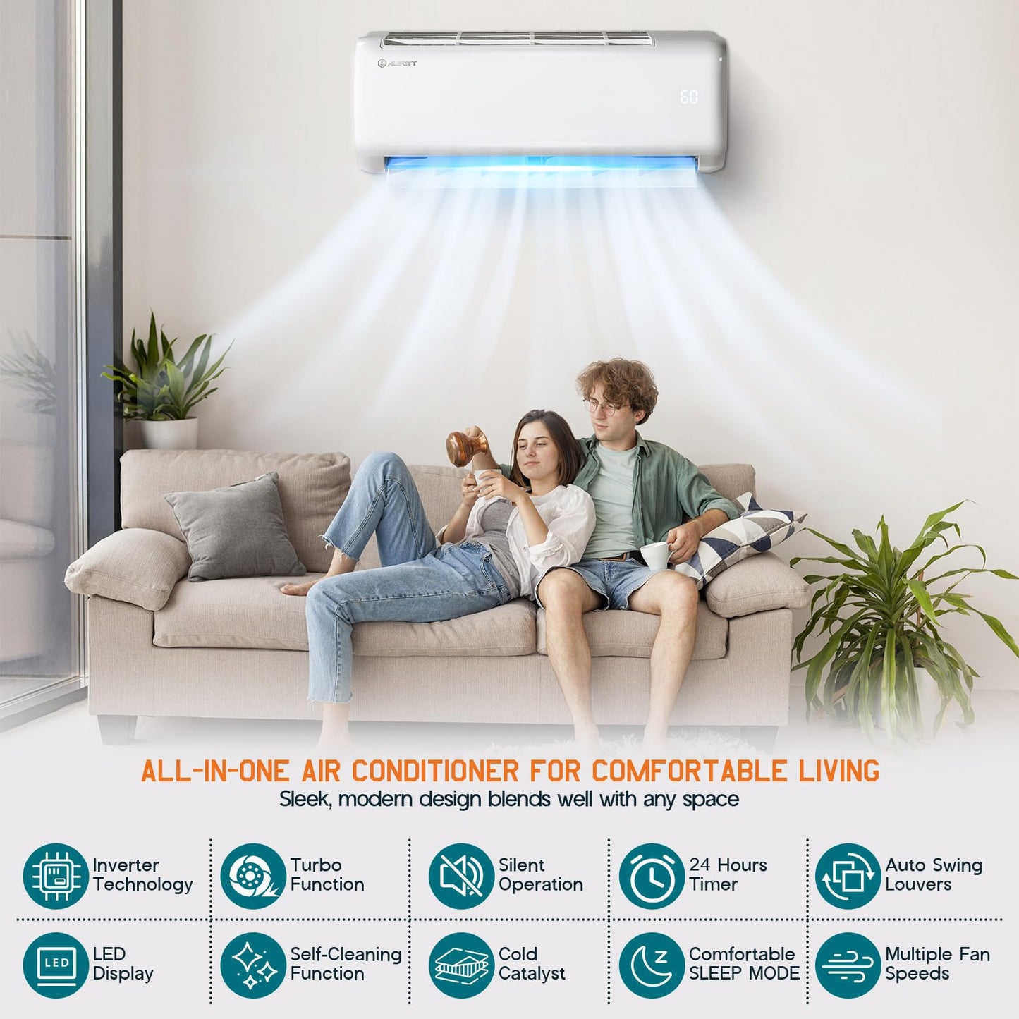 Albott Mini Split Air Conditioner and Heater, Inverter Energy-Efficient AC with Self-Cleaning, Remote, Energy Saving, Easy Installation