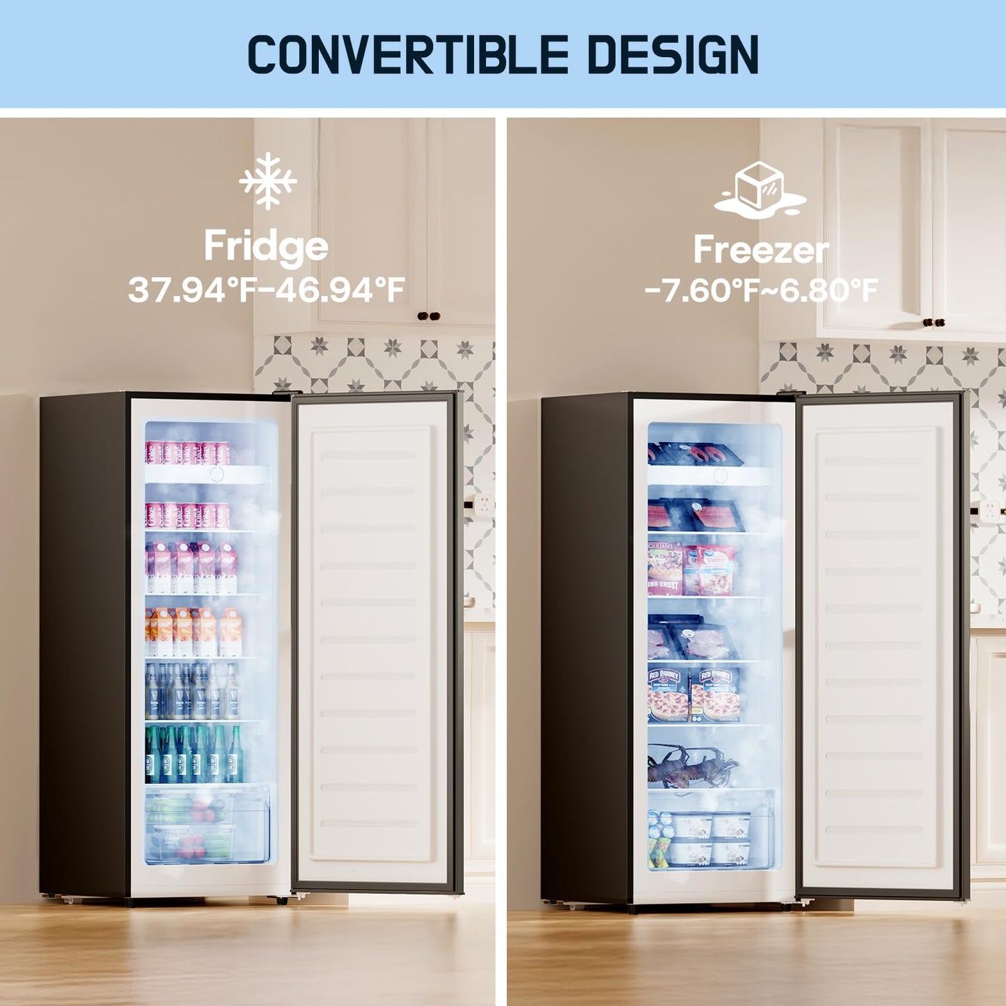 Upstreman 7.0 Cu.Ft Upright Freezer, Large Capacity Stand Up Garage Ready Freezer with 5 Adjustable Shelves, Convertible Refrigerator/Freezer, Reversible Door for Home, Basement, Apartment