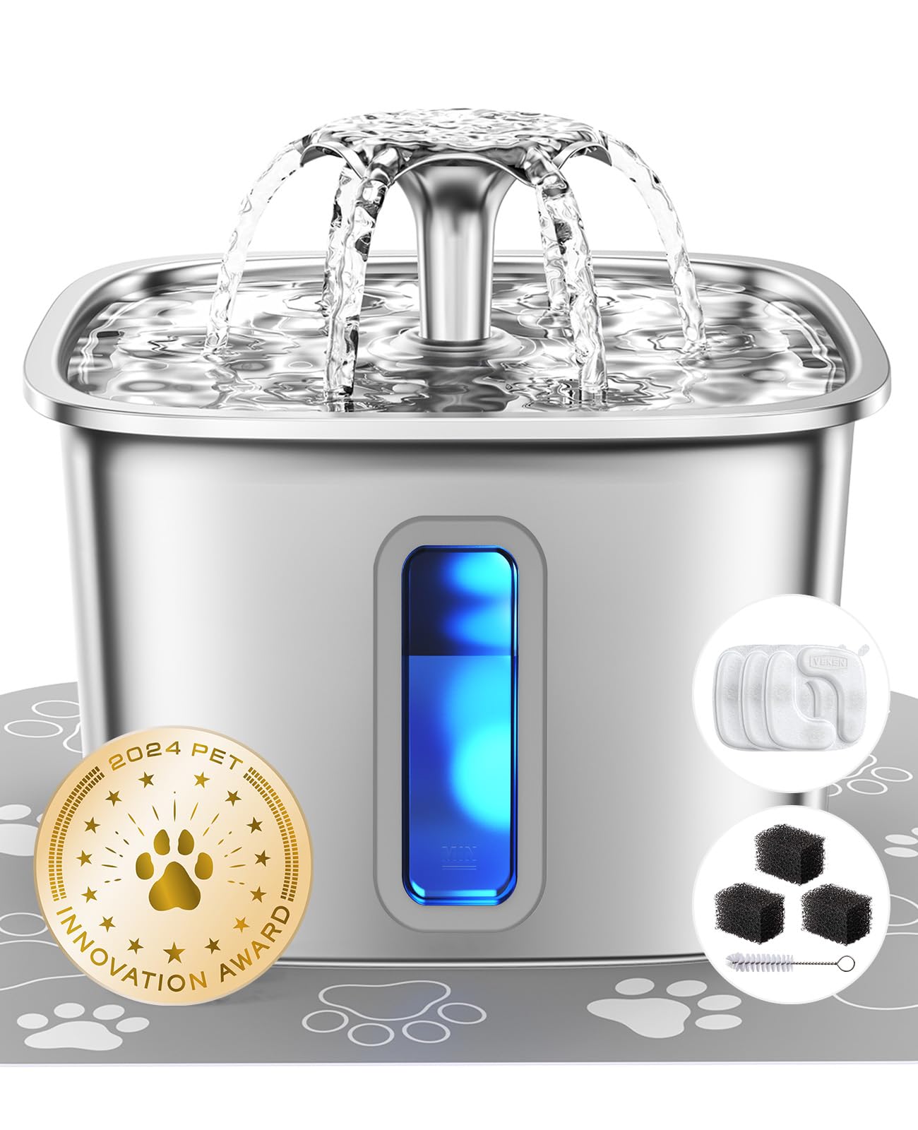 Veken Innovation Award Winner Stainless Steel Cat Water Fountain, Automatic Pet Fountain Dog Water Dispenser with Replacement Filters & Silicone Mat for Cats, Dogs, Multiple Pets