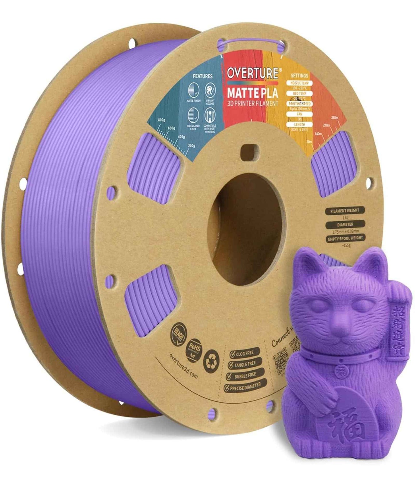 OVERTURE Matte PLA 3D Printer Filament 1.75mm, Matt Surface & Low Warping Filament 1kg Spool (2.2 lbs), Accuracy +/- 0.02 mm, Fit Most FDM Printers
