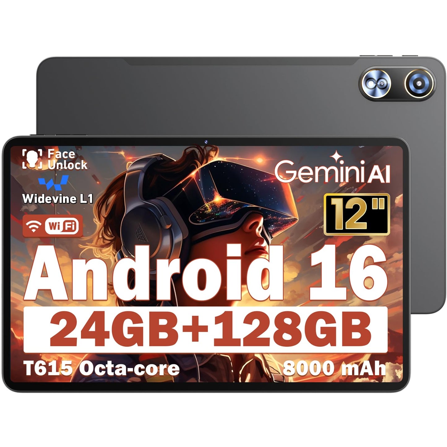 Aobante Android 16 Tablet 12 Inch, 24GB RAM 128GB ROM (Expandable 1TB), 2000×1200 IPS Full HD Display, 8000mAh Long Battery, 12+ inch, 8MP+16MP Dual Camera, Widevine L1, GMS, 11.97 inch Gaming Tablet