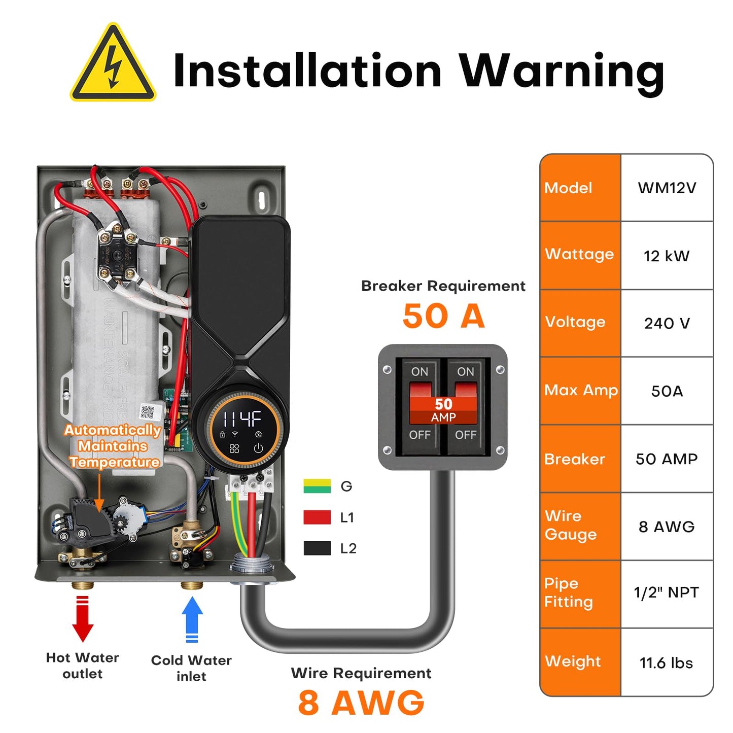 Wintemp Tankless Electric Water Heater WMV Plus WM 240V