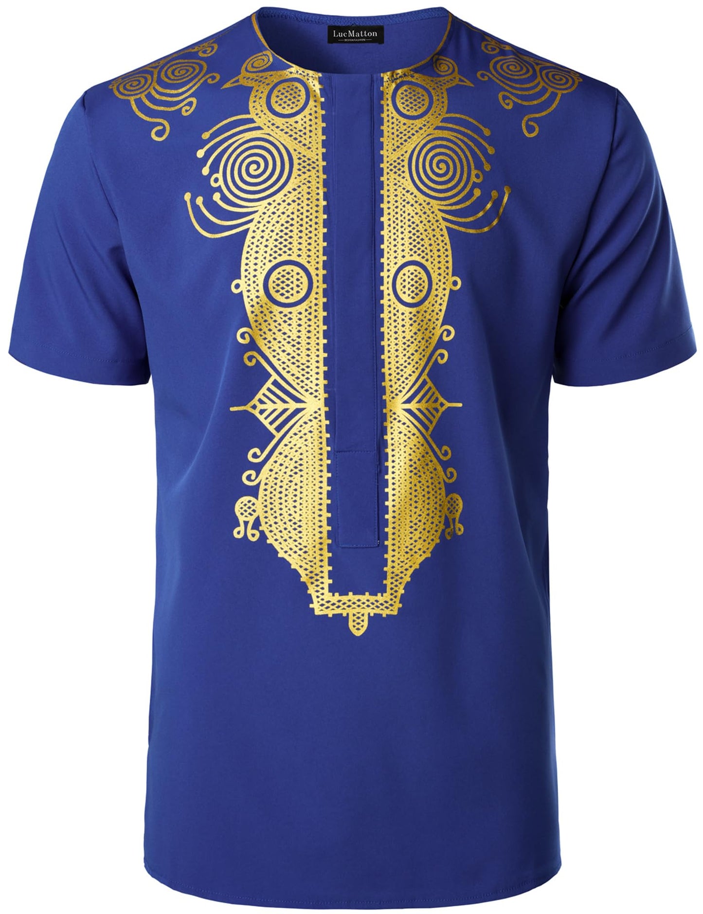 LucMatton Men's African Short Sleeve Hidden Button Shirt Metallic Foil Stamping Dashiki T Shirt