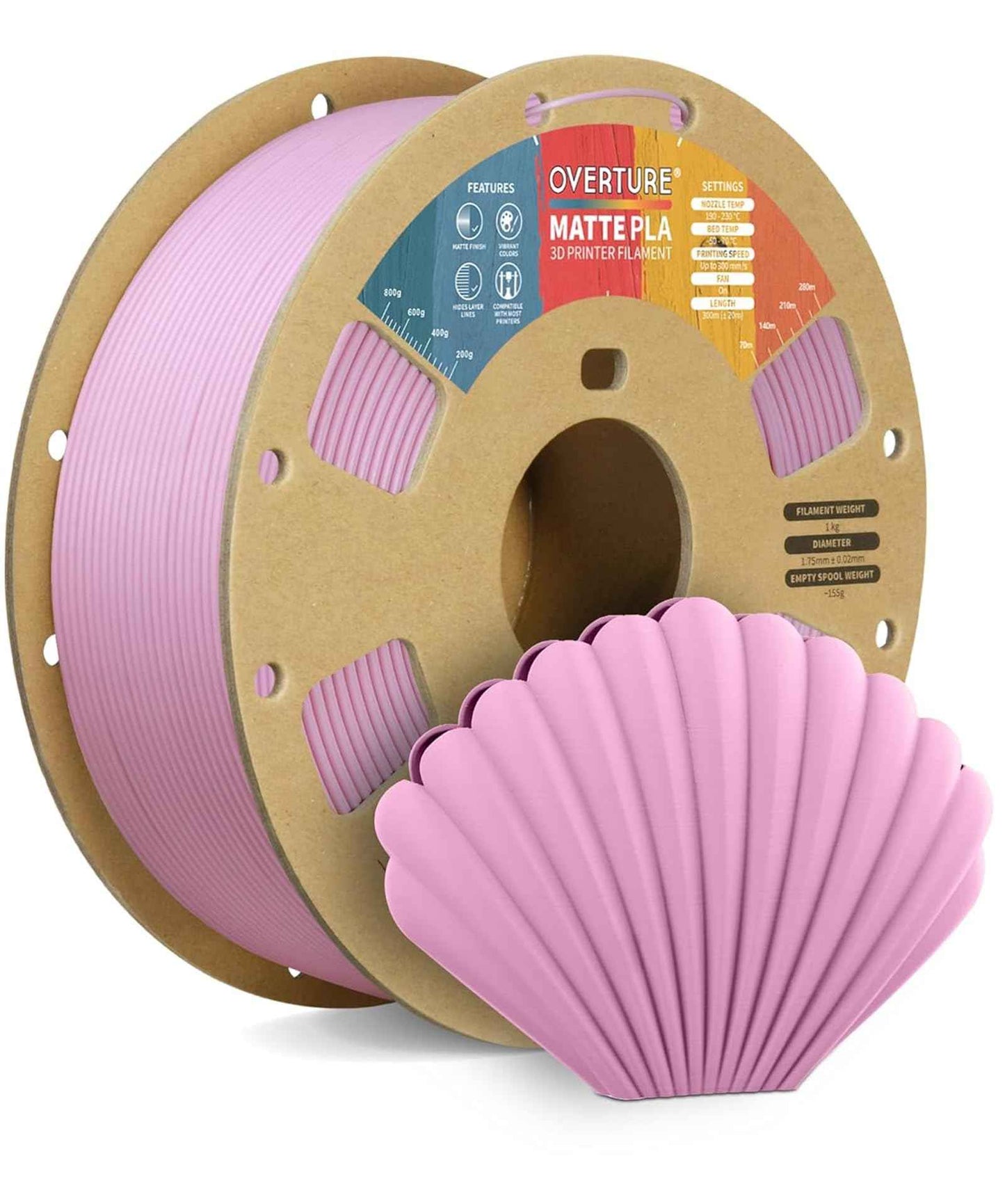 OVERTURE Matte PLA 3D Printer Filament 1.75mm, Matt Surface & Low Warping Filament 1kg Spool (2.2 lbs), Accuracy +/- 0.02 mm, Fit Most FDM Printers