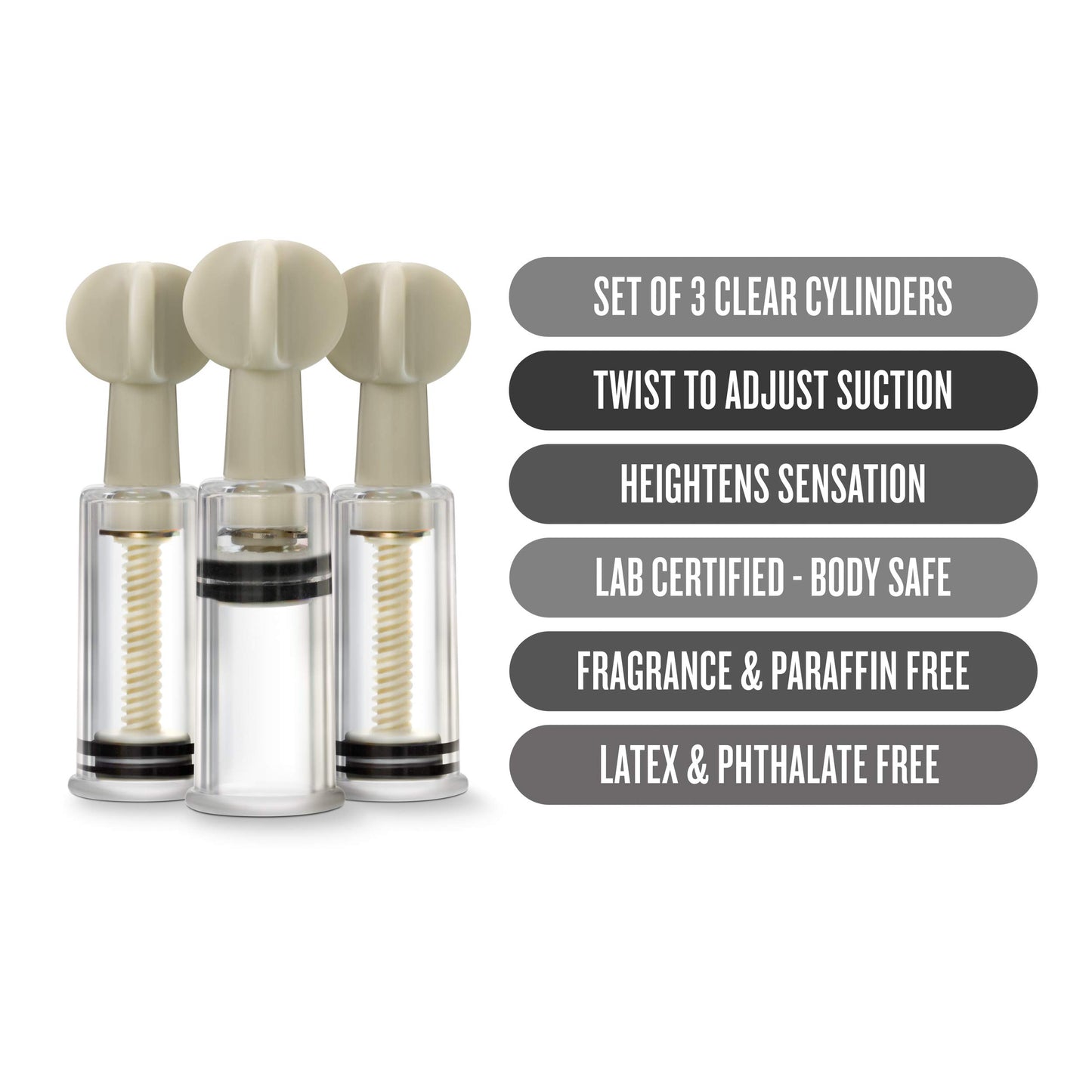 Blush Novelties Temptasia Clit & Nipple Twist Suckers, Set of 3 Adjustable Suckers, Twist to Increase Vacuum, Heighten Sensitivity & Arousal - 1.25" Width Durable Acrylic Cylinders - Sex Toy for Women