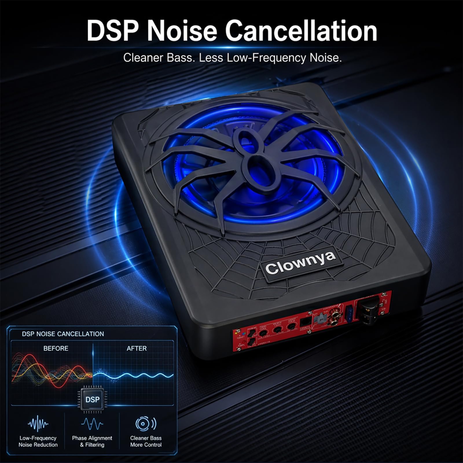 10" 1200W Slim Under-Seat Powered Car Subwoofer with Built-in Amplifier, High/Low Level Inputs, Blue LED Ambient Light, Remote Control for Gain, Bass Boost & LPF, Deep Bass for Truck/SUV/Jeep/MPV