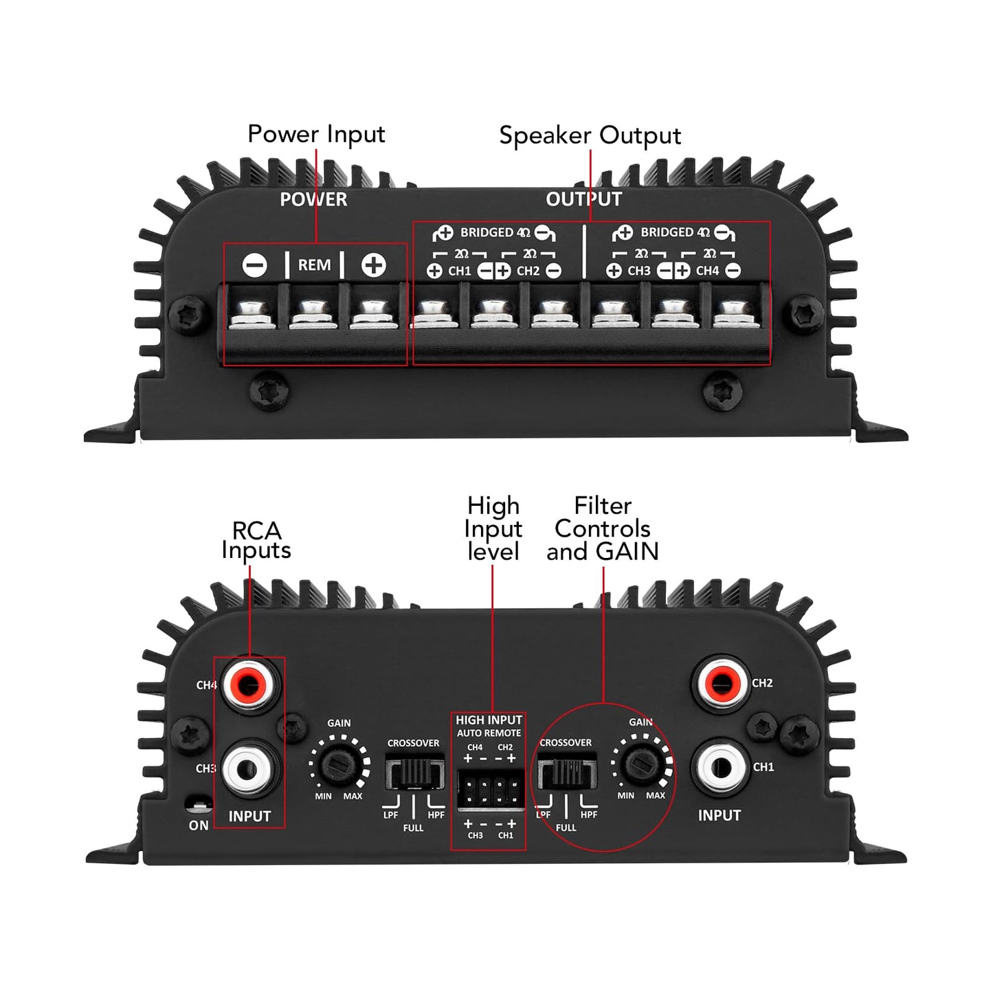Taramps TS 400x4 2 Ohms Black Multichannel Stereo Amplifier 400 Watts Rms, 4 Channels, Full Range, Car Audio Digital 2 Bridged Channel, Crossover High/Low Pass, with RCA and Automatic High Level Input
