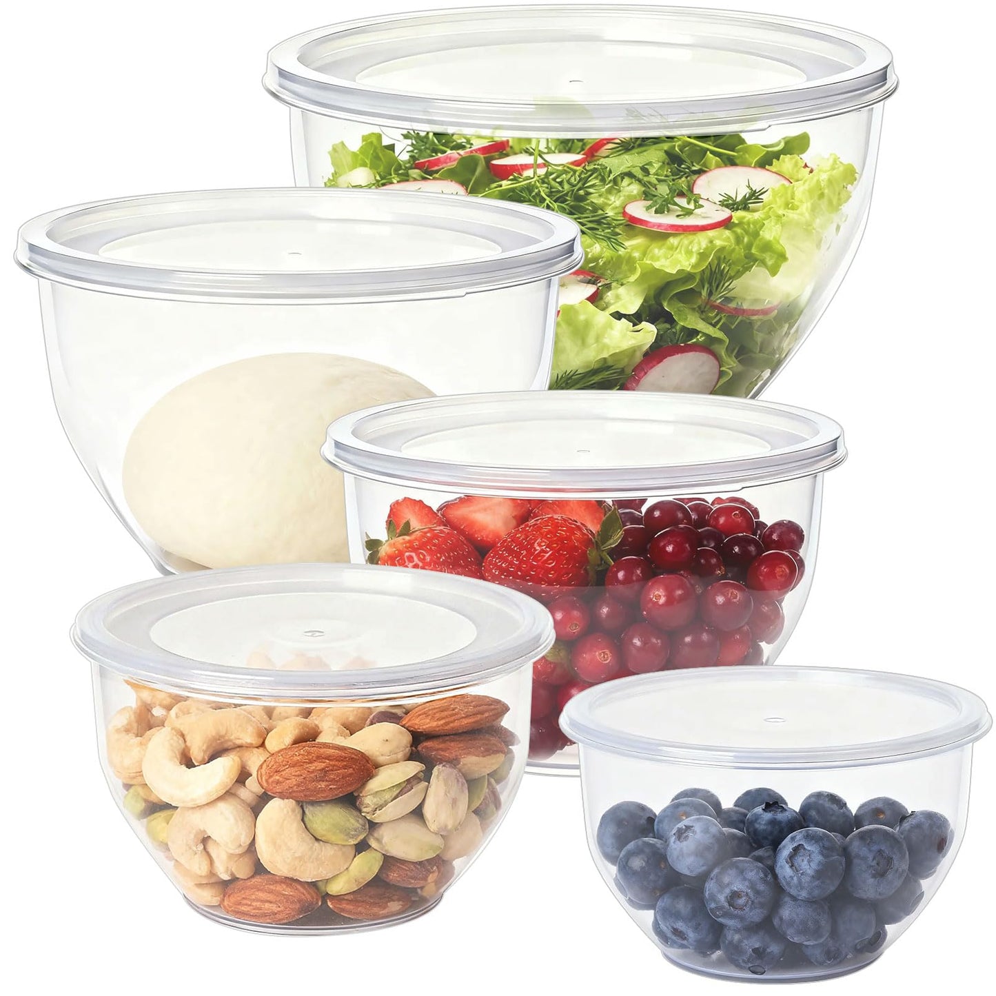 Greentainer Plastic Mixing Bowls with Lids Set for Kitchen, 5 Set Nesting Bowls for Mixing, Baking, Prepping, Cooking and Serving Food, Mixing Bowls Dishwasher, Microwave Safe