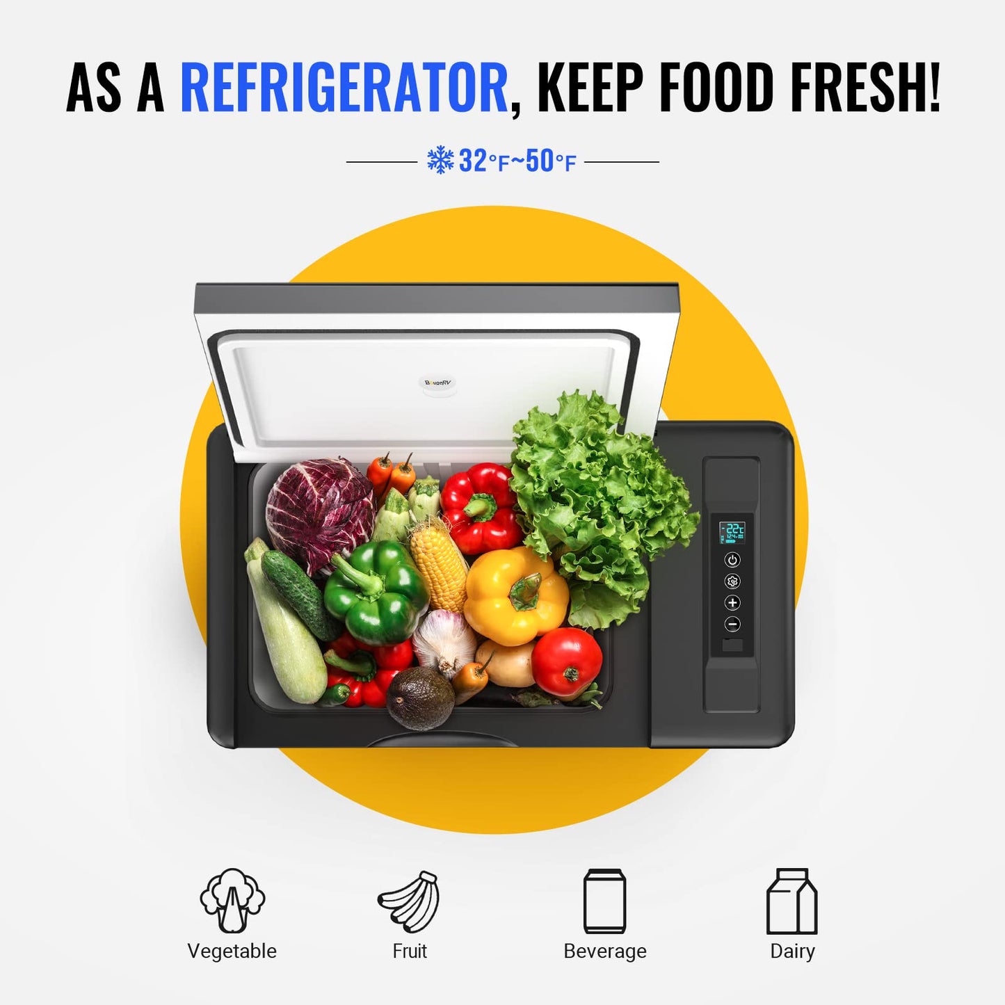BougeRV Portable Car Freezer 12v Car Refrigerator Car Fridge Compressor Freezer,12/24V DC 110~240 Volt AC,-7℉~50℉