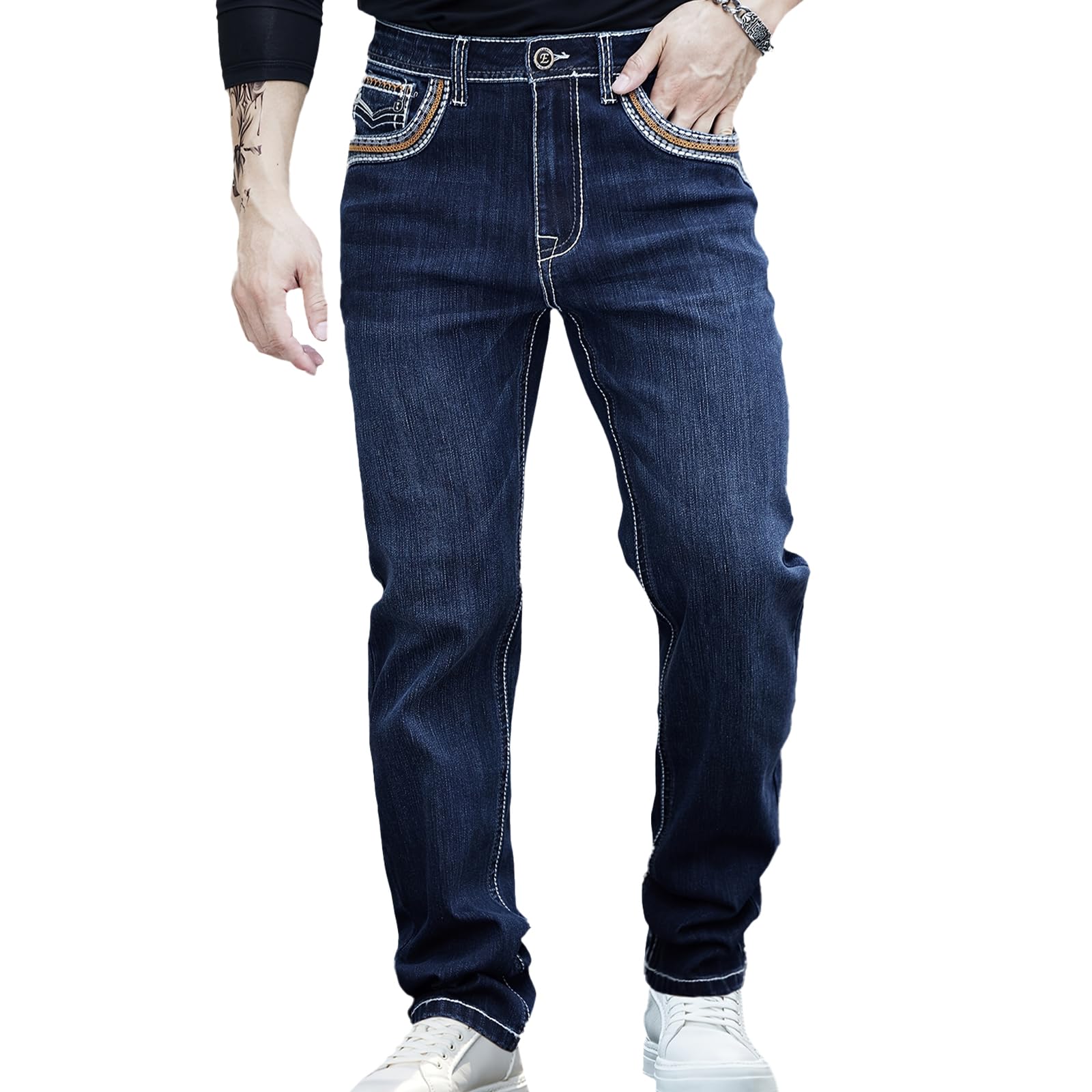 Men's Jeans - Embroidery Washed Crackle Design Jeans Relaxed Fit Stretch Casual Jeans Comfortable Classic Fit Jeans