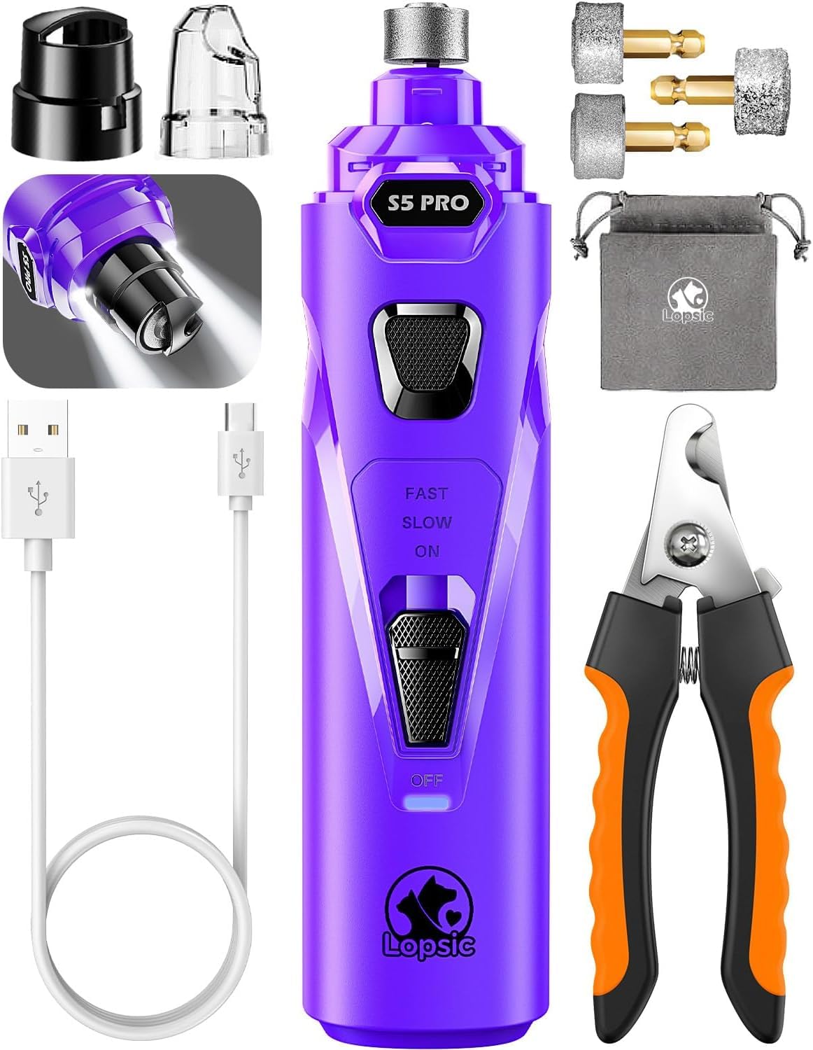 LOPSIC Whisper Quiet Dog Nail Grinder with LED Light, Safe & Stress-Free for Sensitive Dogs of All Breeds & Sizes, 3 Grinding Bits, 3-Speed, Pet Nail Trimmers, Rechargeable Painless Grooming Kit