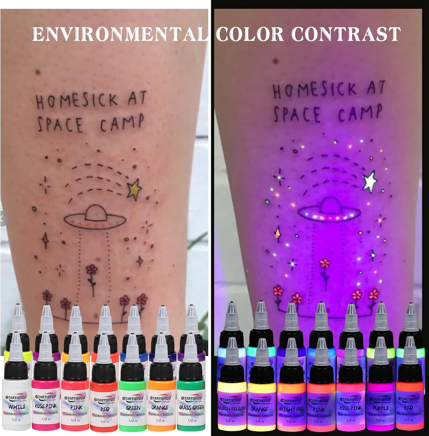GTARTISTOO Professional Tattoo Ink Set 14 Colors 15ml Fluorescent