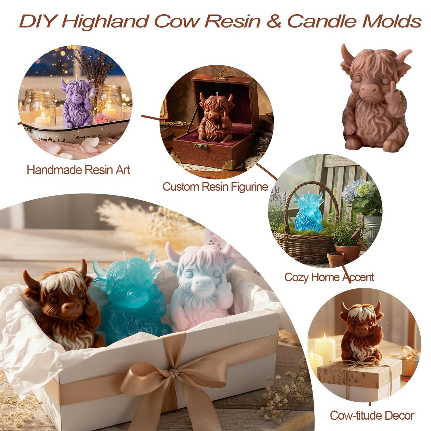 QUDYNZAL 1Pc 3D Highland Cow Resin Silicone Mold Funny Animal Epoxy Candle Mold for Resin Casting Candle Soap Making DIY Concrete Plaster Crafts Gag Gifts Quirky Desk Decor Easy Release