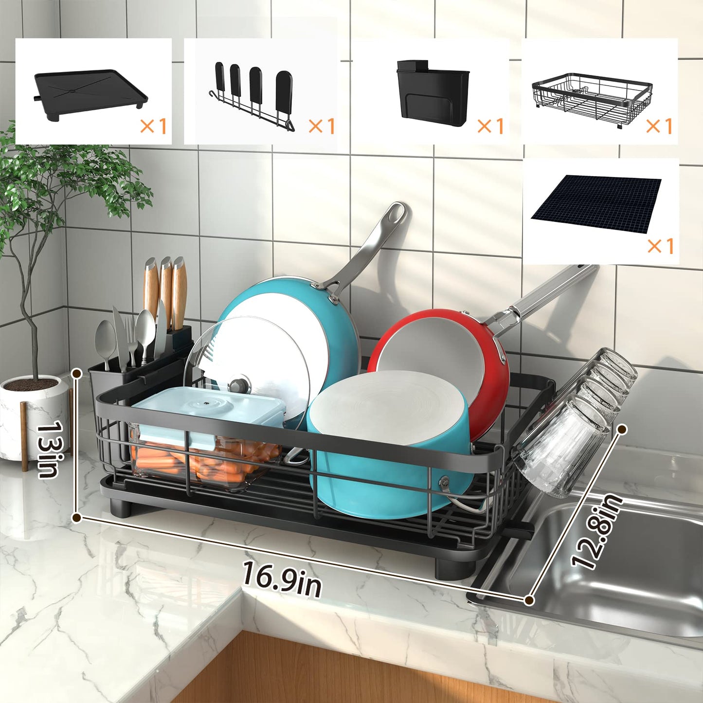 Godboat Dish Drying Rack, Dish Rack with Auto-Drain & Mat，2-Tier and 1-Tier, Black