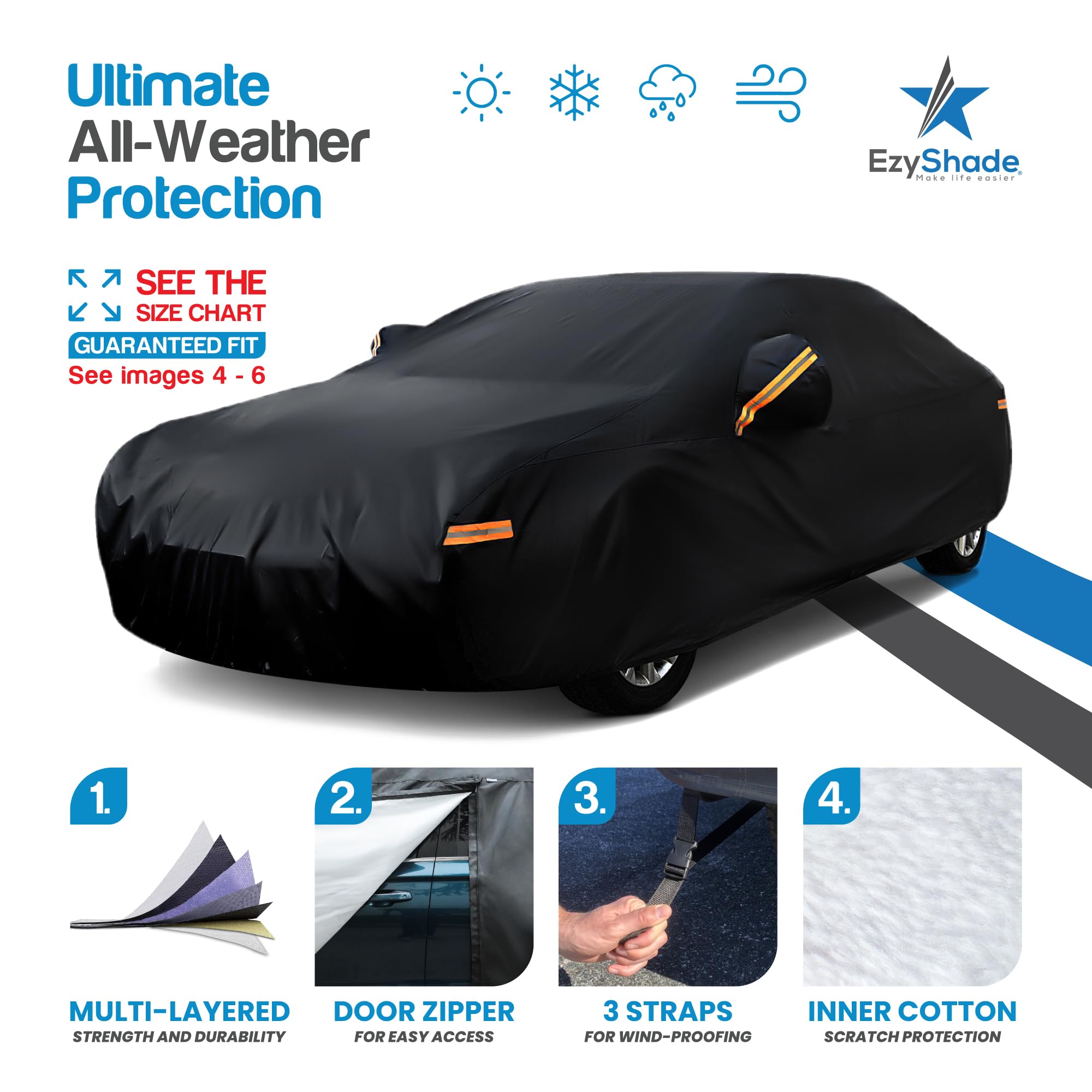 EzyShade 10-Layer Car Cover Waterproof All Weather. See Vehicle Size-Chart for Accurate Fit. Outdoor Full Exterior Covers for Automobiles Sedan Hatch. Rain Sun Snow.