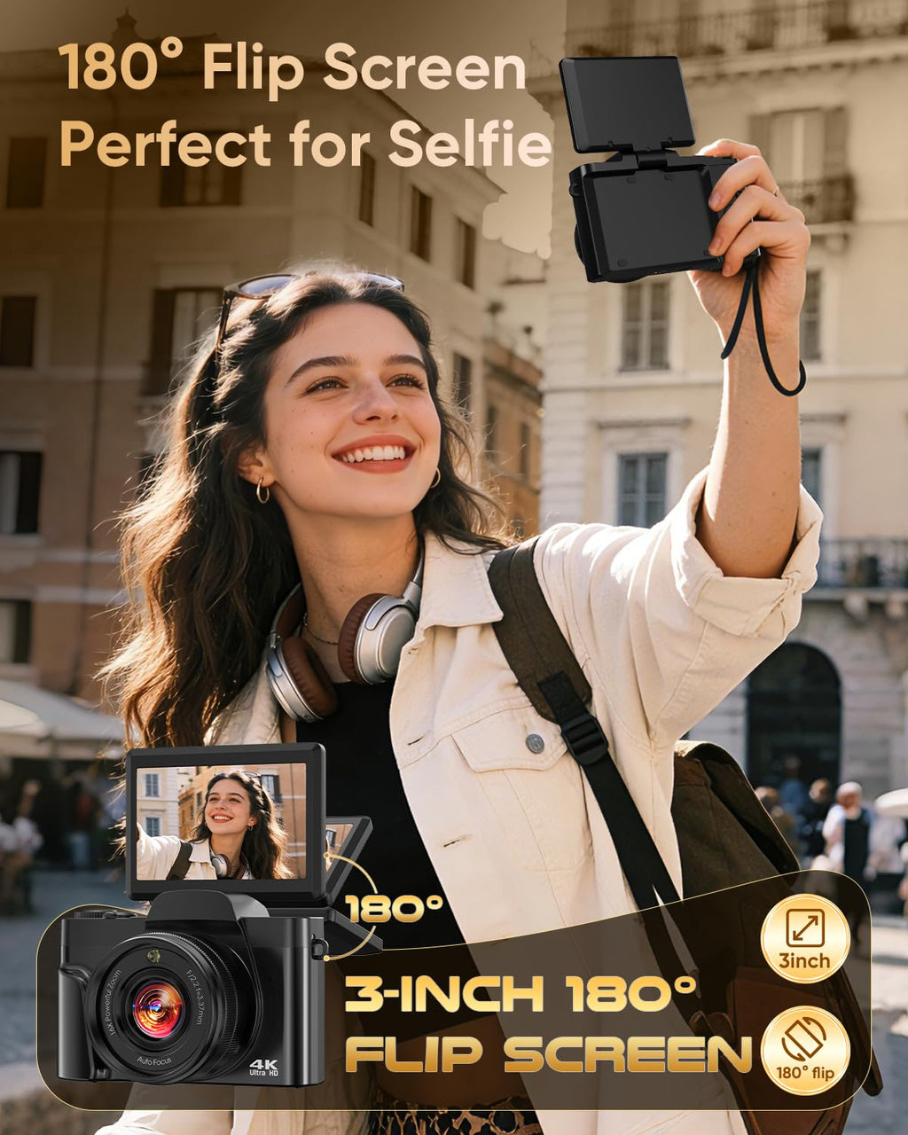 4K Digital Camera for Photography with WiFi,64MP Autofocus 3'' 180° Flip Screen 16X Zoom Vlogging Camera for YouTube, Compact Travel Camera for Beginners, Anti-Shake, 32GB Card, 2 Batteries