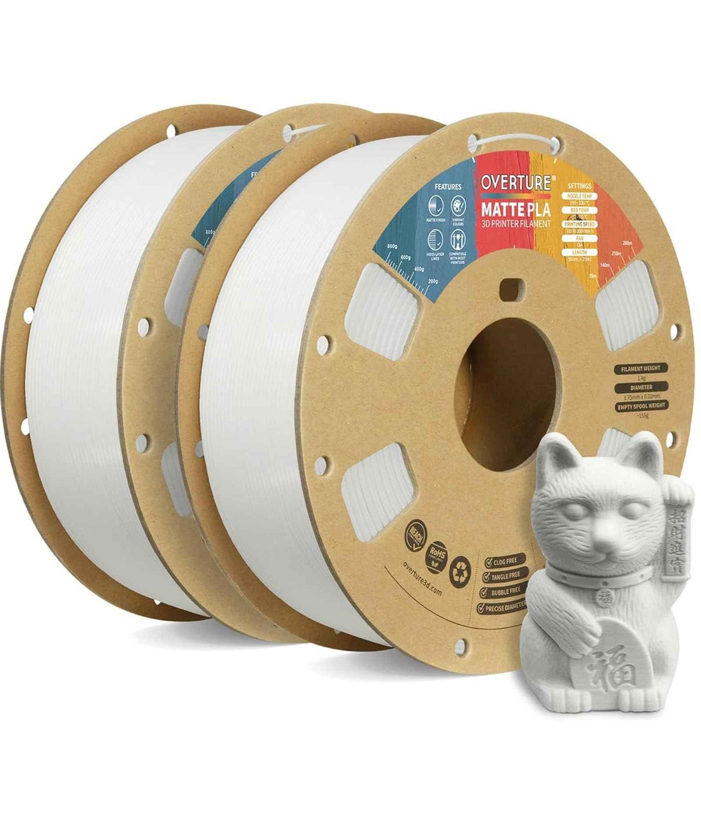 OVERTURE Matte PLA 3D Printer Filament 1.75mm, Matt Surface & Low Warping Filament 1kg Spool (2.2 lbs), Accuracy +/- 0.02 mm, Fit Most FDM Printers