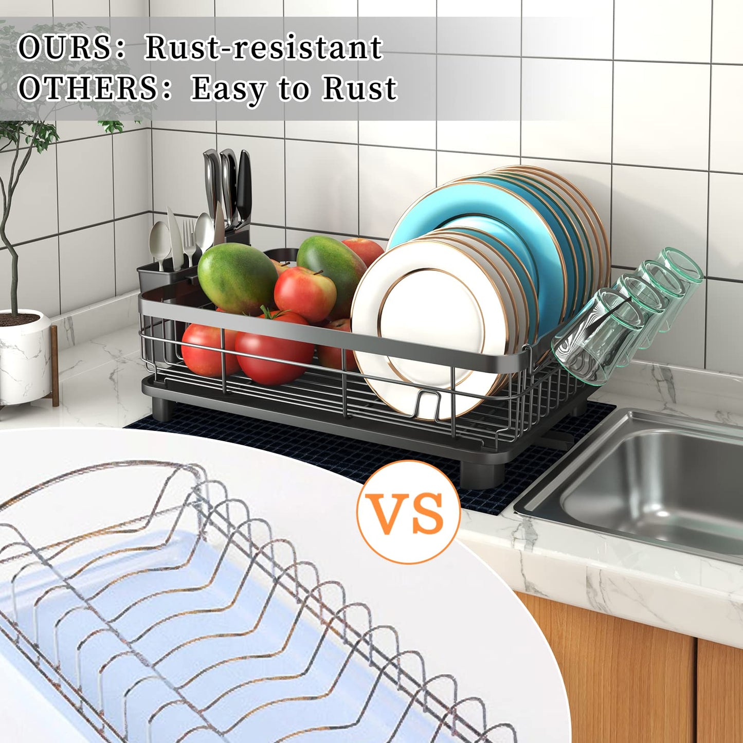 Godboat Dish Drying Rack, Dish Rack with Auto-Drain & Mat，2-Tier and 1-Tier, Black