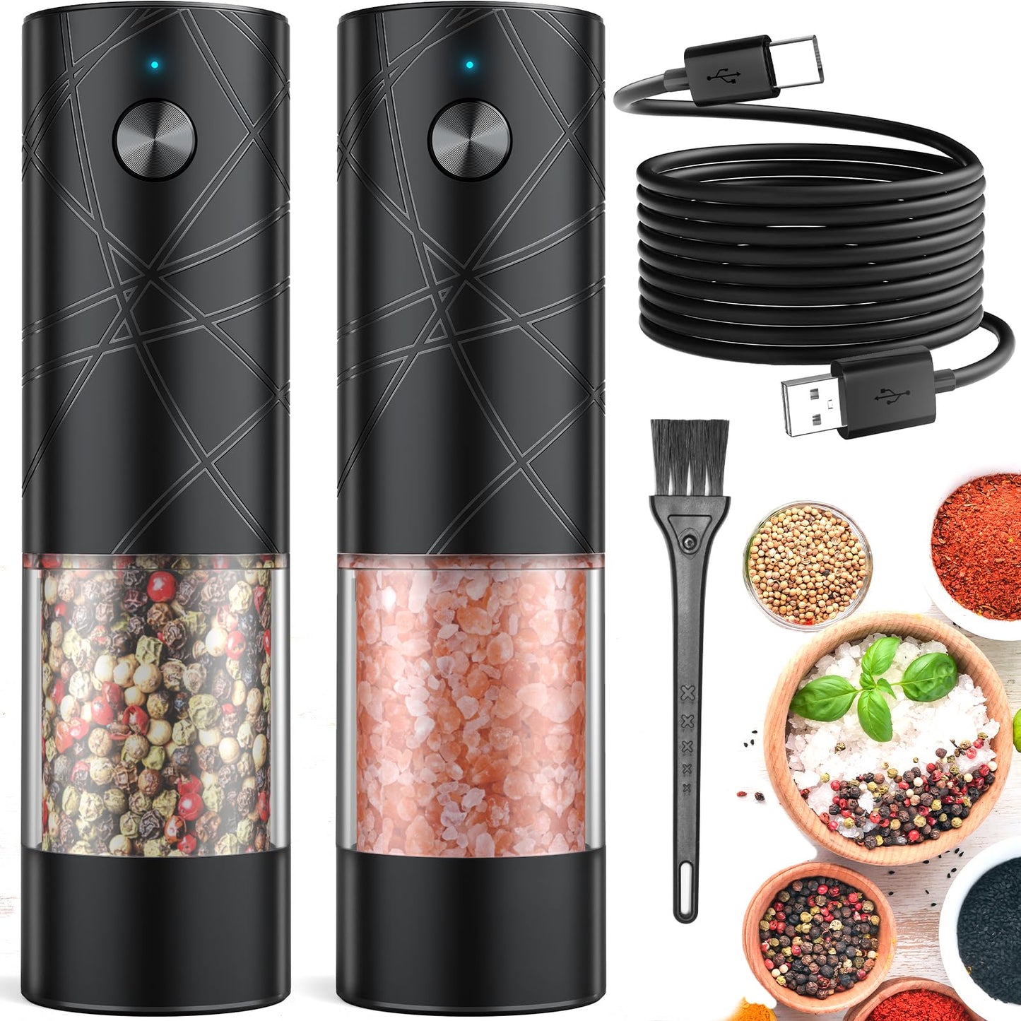 Electric Salt and Pepper Shakers Set Rechargeable with LED Light, Adjustable Coarseness Lidaop Large Capacity Automatic Salt Pepper Mill Grinder for Kitchen, Restaurant, Outdoor